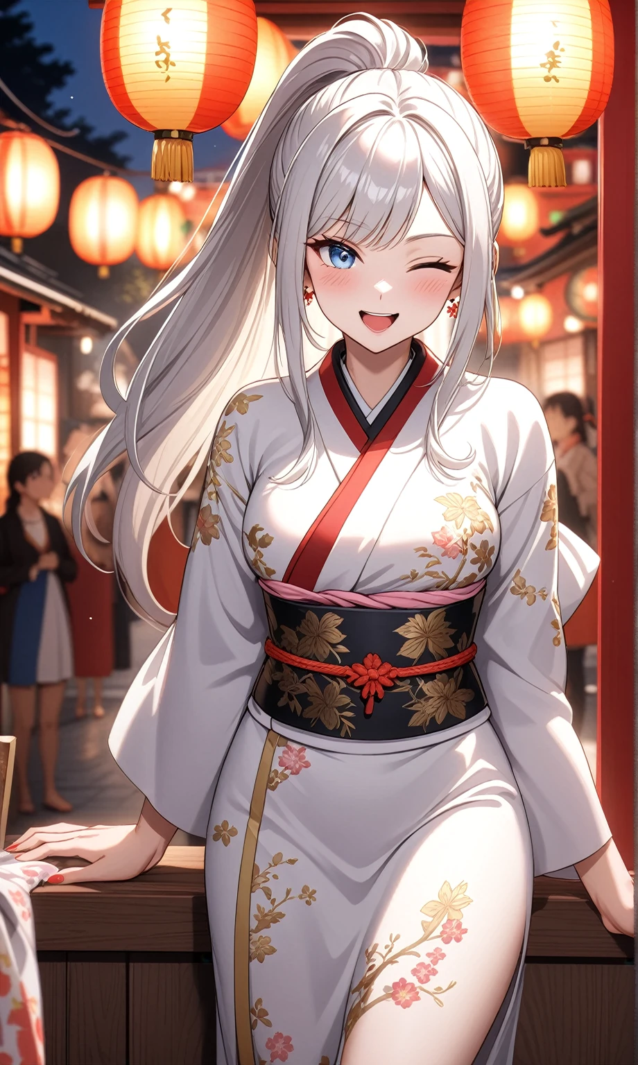 ((one personの女性)), Beautiful Face,Laugh shyly,((Wink:2.0)),Laughing with your mouth open,turn bright red,Glossy pink lips,night,Shrine festival stalls,((Anime style background)),masterpiece, highest quality, so beautiful, up to date, Complex details, (Pink long nails),AI-generated, Complex,High resolution, highest quality, super high quality,3D Images、Looking at the camera、3D Images,one person,Long white hair,High Ponytail,blue eyes,Anime woman posing for a photo, [[Fine grain、Colorful eyes、Shining Eyes:1.15]],(Squint your eyes:1.1),a hyperRealistic , hyperRealistic , Realistic,Long haired white haired anime woman, Smooth anime CG art, A woman in a colorful kimono with gold embroidery, (Black kimono),Red floral pattern,Long flower hair ornament,Big earrings,(Big Breasts:1.1),Mature Body,tall,Big Ass,Fine details,Tight waist,Abdominal muscles,(Face close-up:1.5),Tilt your face,Give a hand
