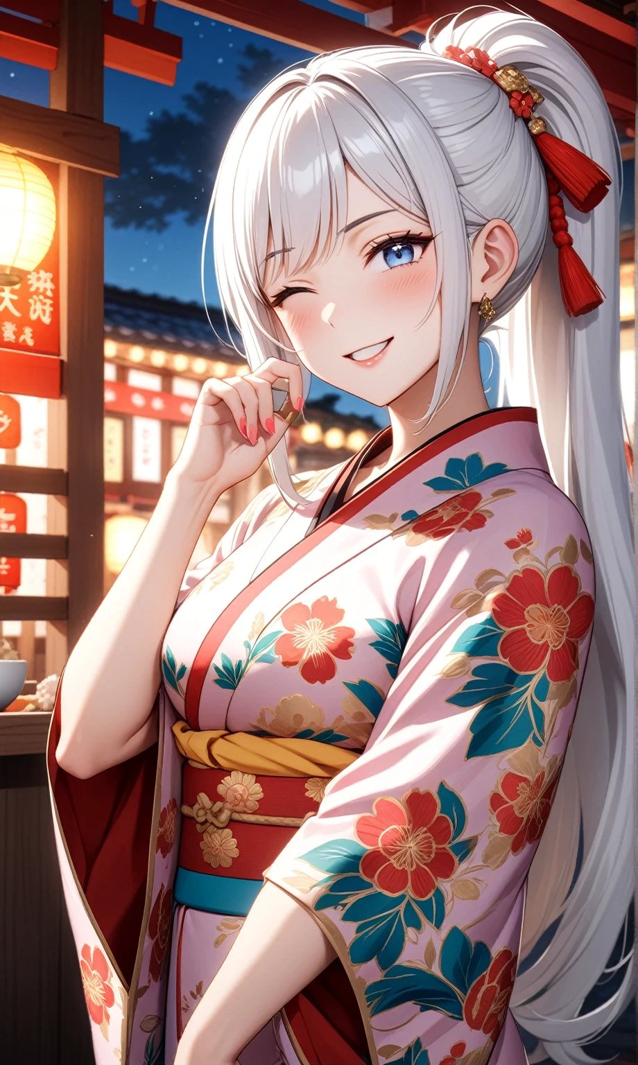 ((one personの女性)), Beautiful Face,Laugh shyly,((Wink:2.0)),Laughing with your mouth open,turn bright red,Glossy pink lips,night,Shrine festival stalls,((Anime style background)),masterpiece, highest quality, so beautiful, up to date, Complex details, (Pink long nails),AI-generated, Complex,High resolution, highest quality, super high quality,3D Images、Looking at the camera、3D Images,one person,Long white hair,High Ponytail,blue eyes,Anime woman posing for a photo, [[Fine grain、Colorful eyes、Shining Eyes:1.15]],(Squint your eyes:1.1),a hyperRealistic , hyperRealistic , Realistic,Long haired white haired anime woman, Smooth anime CG art, A woman in a colorful kimono with gold embroidery, (Black kimono),Red floral pattern,Long flower hair ornament,Big earrings,(Big Breasts:1.1),Mature Body,tall,Big Ass,Fine details,Tight waist,Abdominal muscles,(Face close-up:1.5),Tilt your face,Give a hand