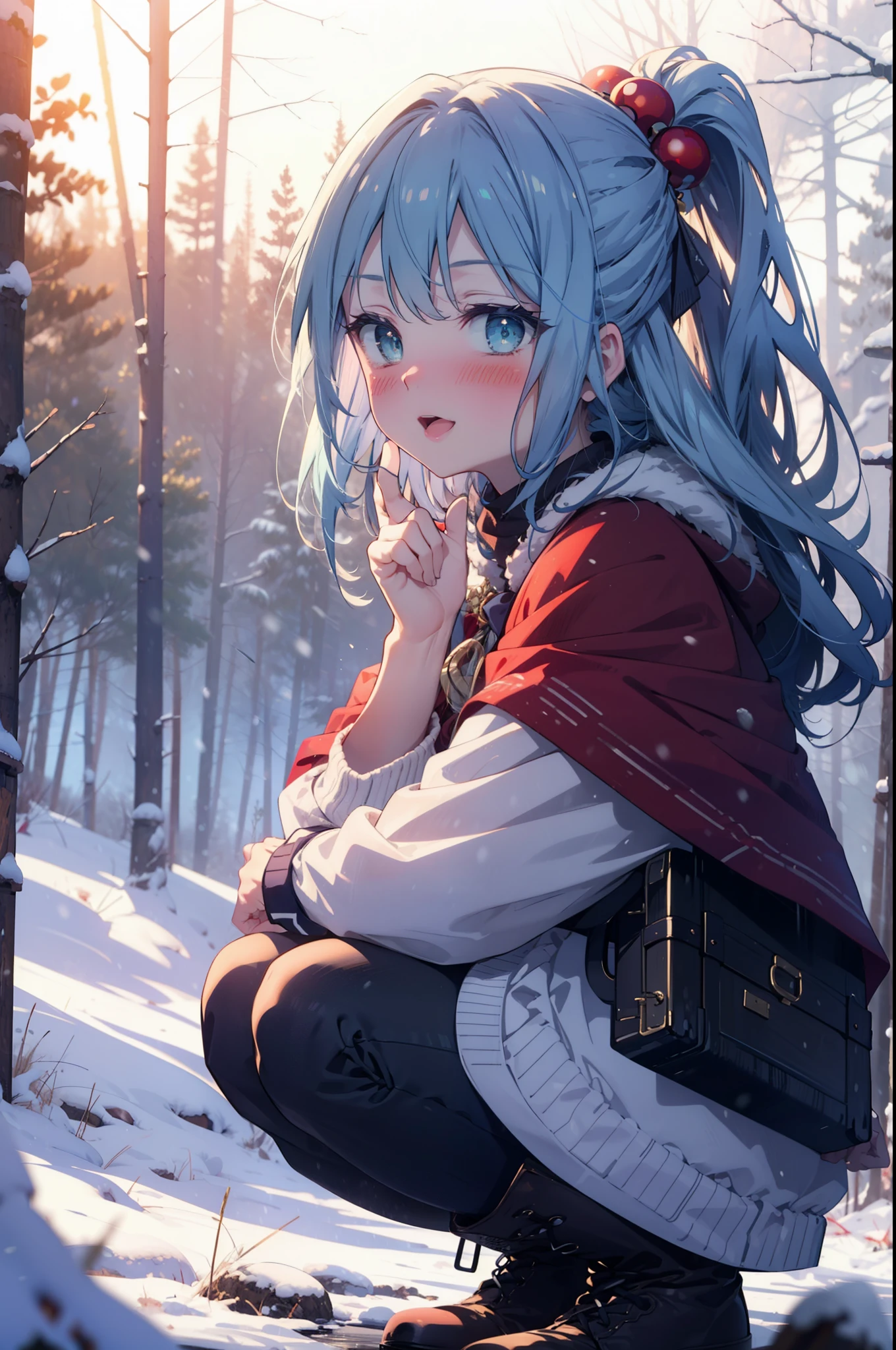 konosubaAqua, Aqua, Long Hair, blue eyes, hair ornaments, very Long Hair, Blue Hair, Hair Ring, シングルHair Ring, Hair ties,smile,smile,blush,White Breath,
Open your mouth,snow,Ground bonfire, Outdoor, boots, snowing, From the side, wood, suitcase, Cape, Blurred, , forest, White handbag, nature,  Squat, Mouth closed, Cape, winter, Written boundary depth, Black shoes, red Cape break looking at viewer, Upper Body, whole body, break Outdoor, forest, nature, break (masterpiece:1.2), highest quality, High resolution, unity 8k wallpaper, (shape:0.8), (Beautiful and beautiful eyes:1.6), Highly detailed face, Perfect lighting, Highly detailed CG, (Perfect hands, Perfect Anatomy),