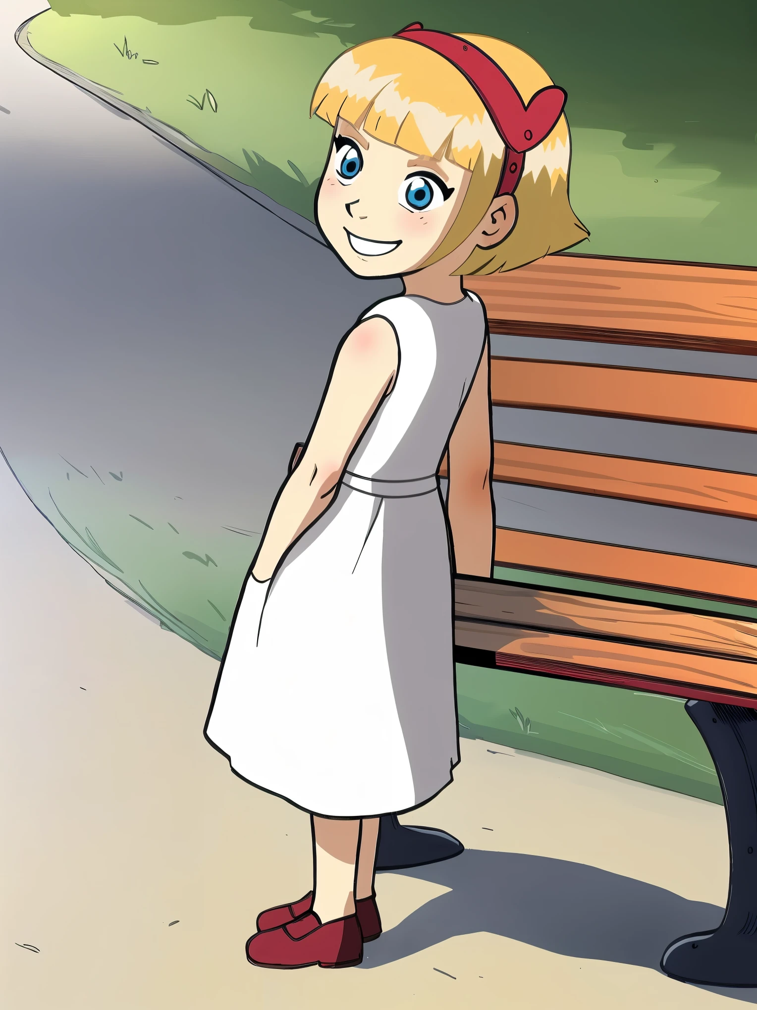 W.I.T.C.H., Lillian Hale, small_child, female_child, petite_body,short, short hair, blond hair, blue eyes,full body view, white sundress, without sleeves, standing, happy face, by bench, in summer park,