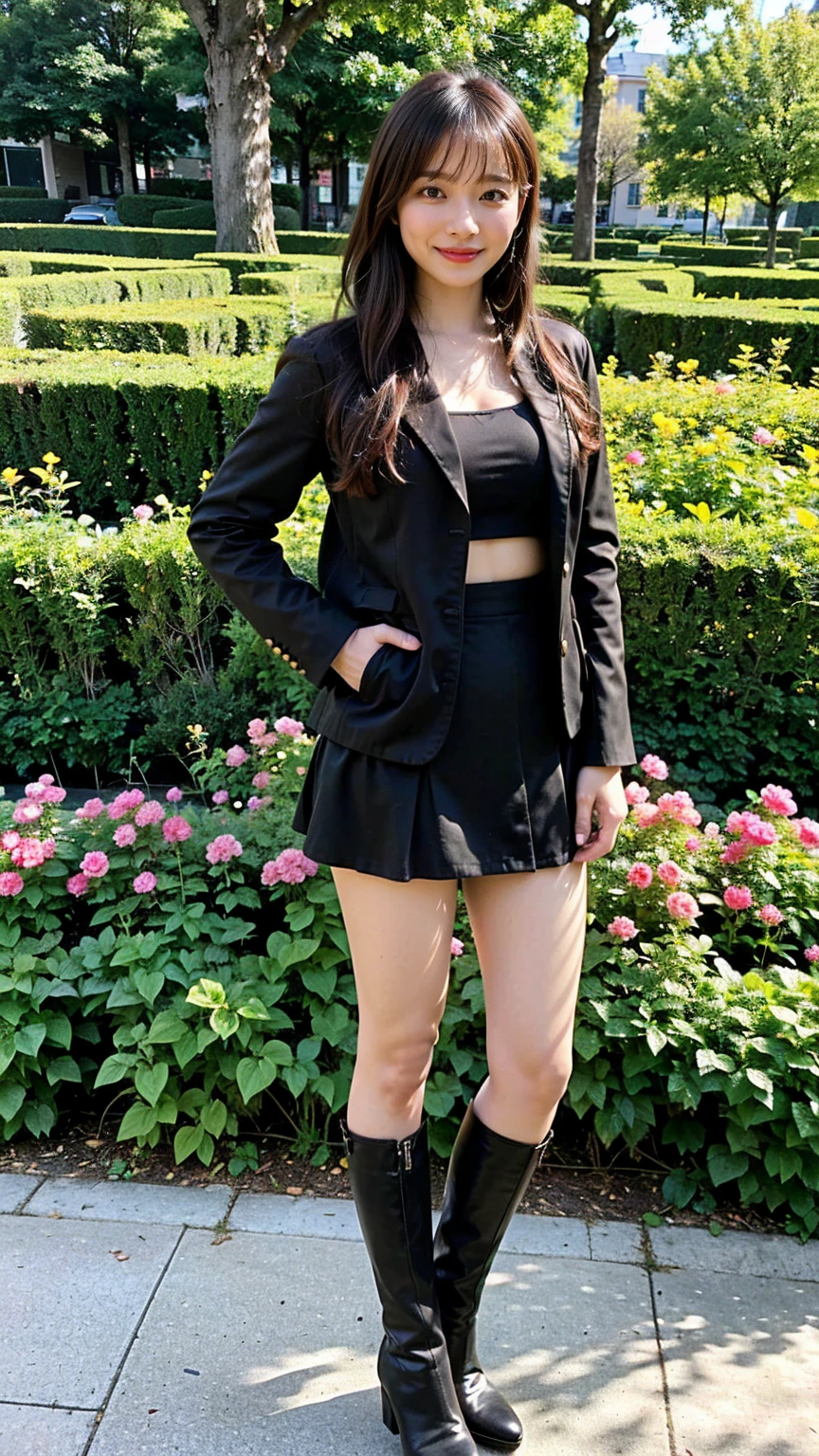(8k、RAW Photos、highest quality、masterpiece:1.2)、(Realistic、Realistic)、1 girl、((Black jacket、suit、mini skirt、Large Breasts、boots、whole body、garden、View from the front、looking at the camera、Standing with hands on hips))、
