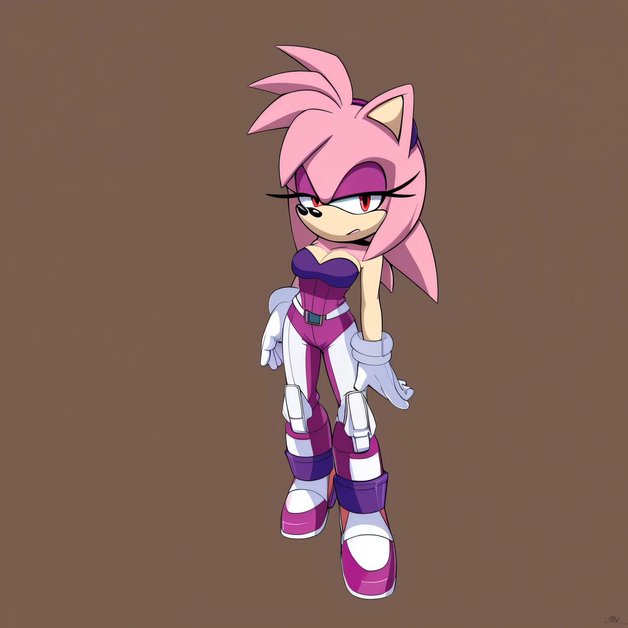 score_9, score_8_up, 2D, flat color, looking at viewer, (1girl), (solo), very detailed, extremely detailed, female, mobian, hedgehog, possible daughter of Amy and Shadow, Maria Rose from the sonic the hedgehog series, portrait, sound lines, makeup, light on the lipstick, quills curved up, red stripes, 3 large hair bangs, side locks, hair over shoulders, medium breasts, pink fur, red eyes, pinkish tan muzzle and inner ears, fluffy white chest fur, red patches of fur around eyes, strapless white short jumpsuit with purple stripes on the side, purple tube top, long gloves, purple rocket boots with a white stripe down the middle, purple soles, stoic expression
