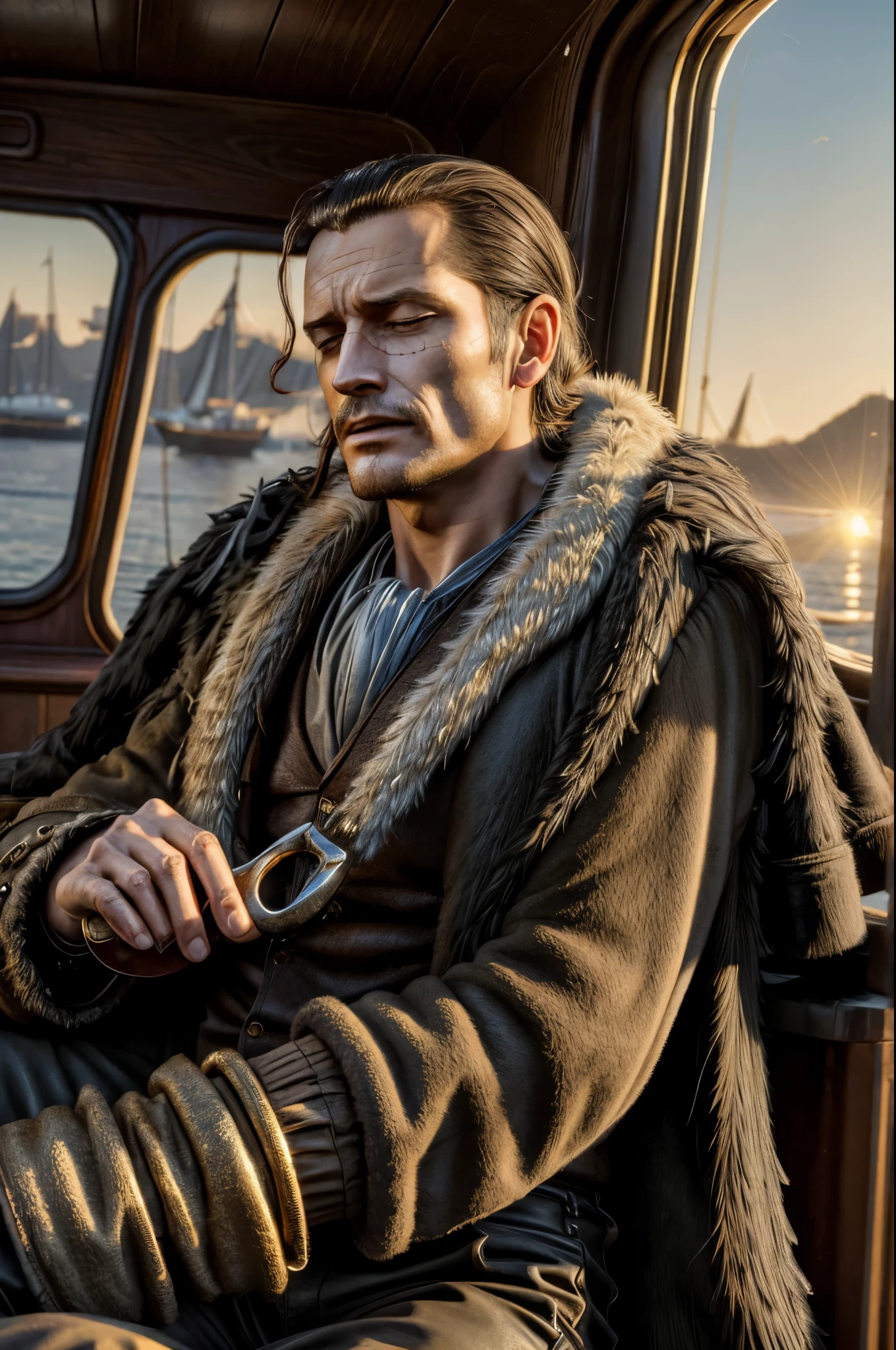 masterpiece, best quality, extremely detailed, hyperrealistic, photorealistic, a cool 40s man, ultra detailed face:1.2, fur-trimmed coat, scarf around the neck, his left hand is a golden pirate hook:1.1, on ship, in the sun rise, sleeping, yawn