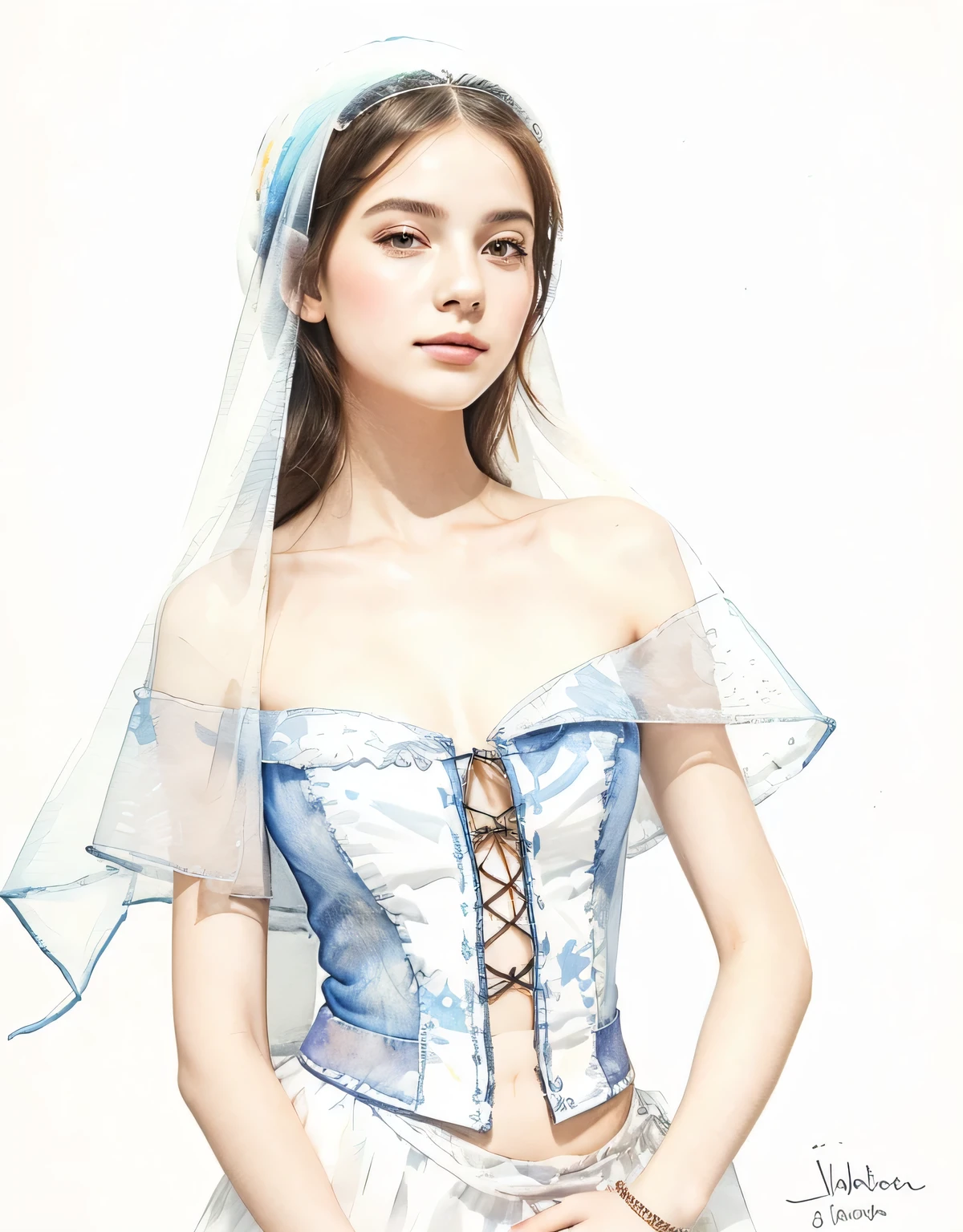 Photo of a young, beautiful girl in a hat with a veil and a short skirt, watercolor sketch