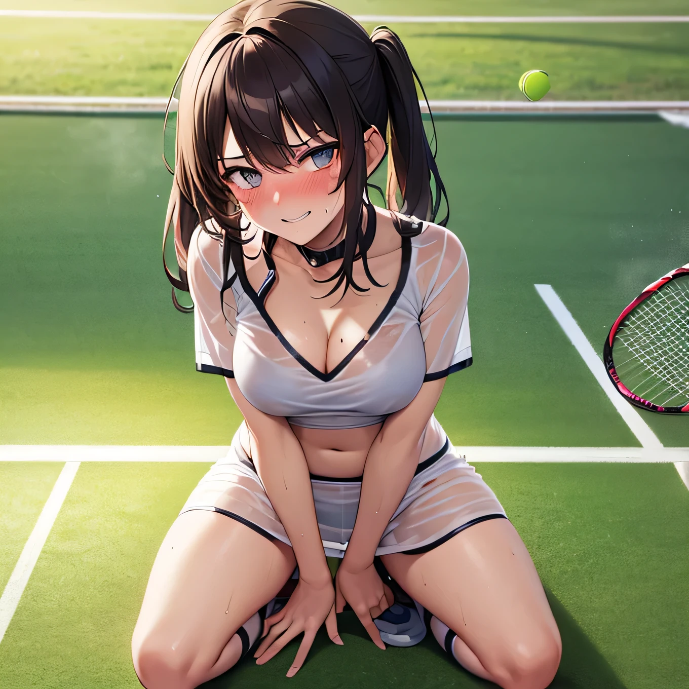 best quality,ultra-detailed,high resolution,extremely detailed CG,perfect anatomy,detailed,cinematic lighting,beautiful detailed eyes,ultra high res,(1girl),15years old,gleaming skin,oil skin,sweat,humid,trembling,strong light coming in,spot lighting,bright,revealing,(sharp eye:1.2),(scowl:1.1),(stare at viewer with stern eyes:1.5),nose blush,(shamefull:1.2), surprised, (embarrassed,blush:1.3),nsfw,(ecstasy:1.3) ,(slut:1.2),(vulgarity:1.3),(fucked silly:1.1),(steam:1.1),(wet:0.8),(trembling:0.8),(tears:0.7) ,(drooling:0.6),(sweat:0.8),(nsfw:1.2),(Tennis uniform:1.2),(Young:1.2),Japanese,(Tennis court:1.2),large breasts,(Random Hairstyles:1.2),Bold Pose,(full body:1.2),skirt,(Sheer tops:1.5),(bra),Shyness,lure,Smile