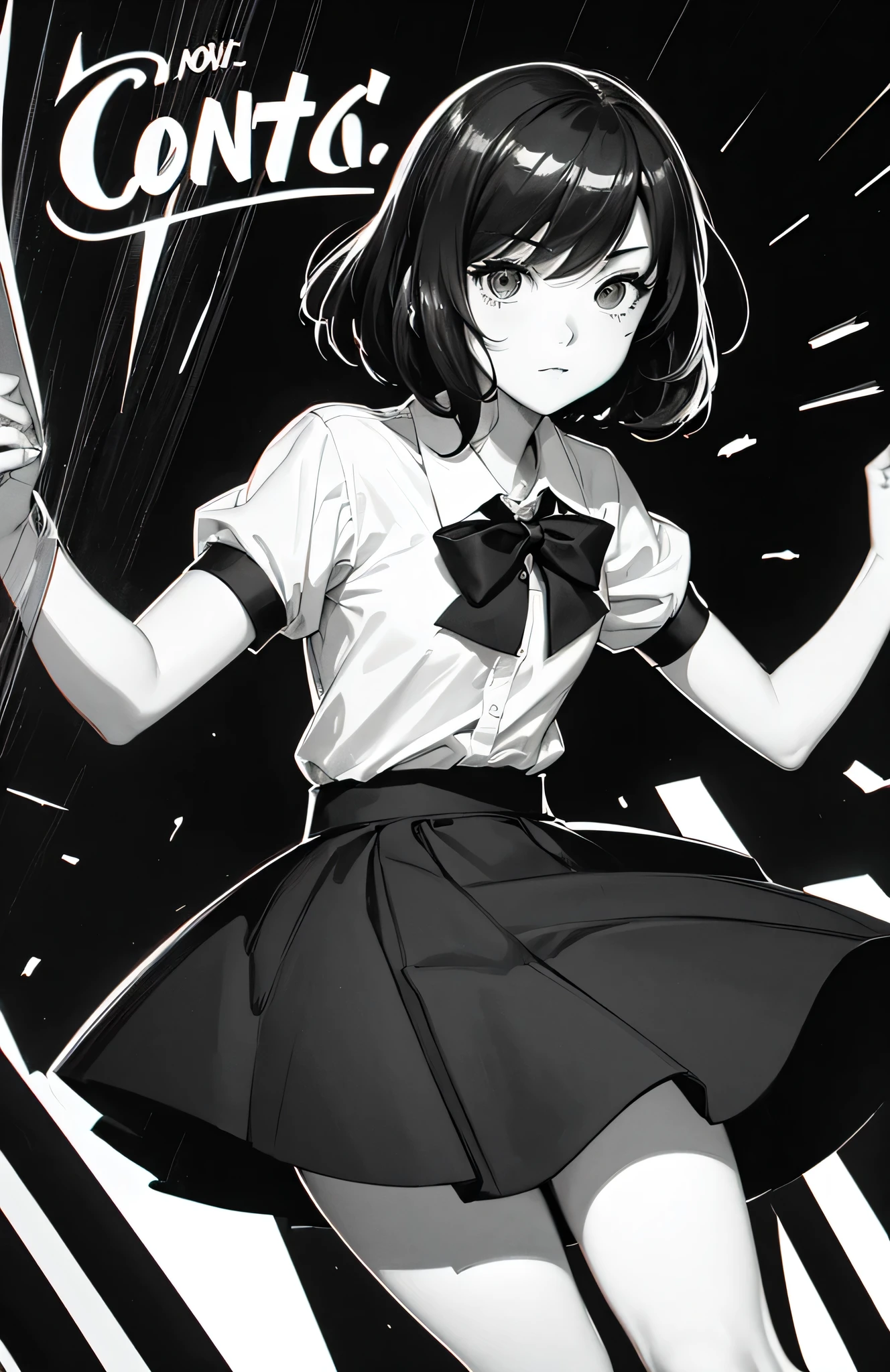 (Noir comic style illustration:1.2),(Black and White_High Contrast),One Girl,Line art,Monochrome,sketch,Pencil drawing,Traditional Media,One Girl,skirt,Short sleeve、Are standing, (Cute Teenage Girls, alone),Beautiful portrait、Delicate body、Respect、Sketch Book、Black Hair,Beautiful Landscape,sketch,
