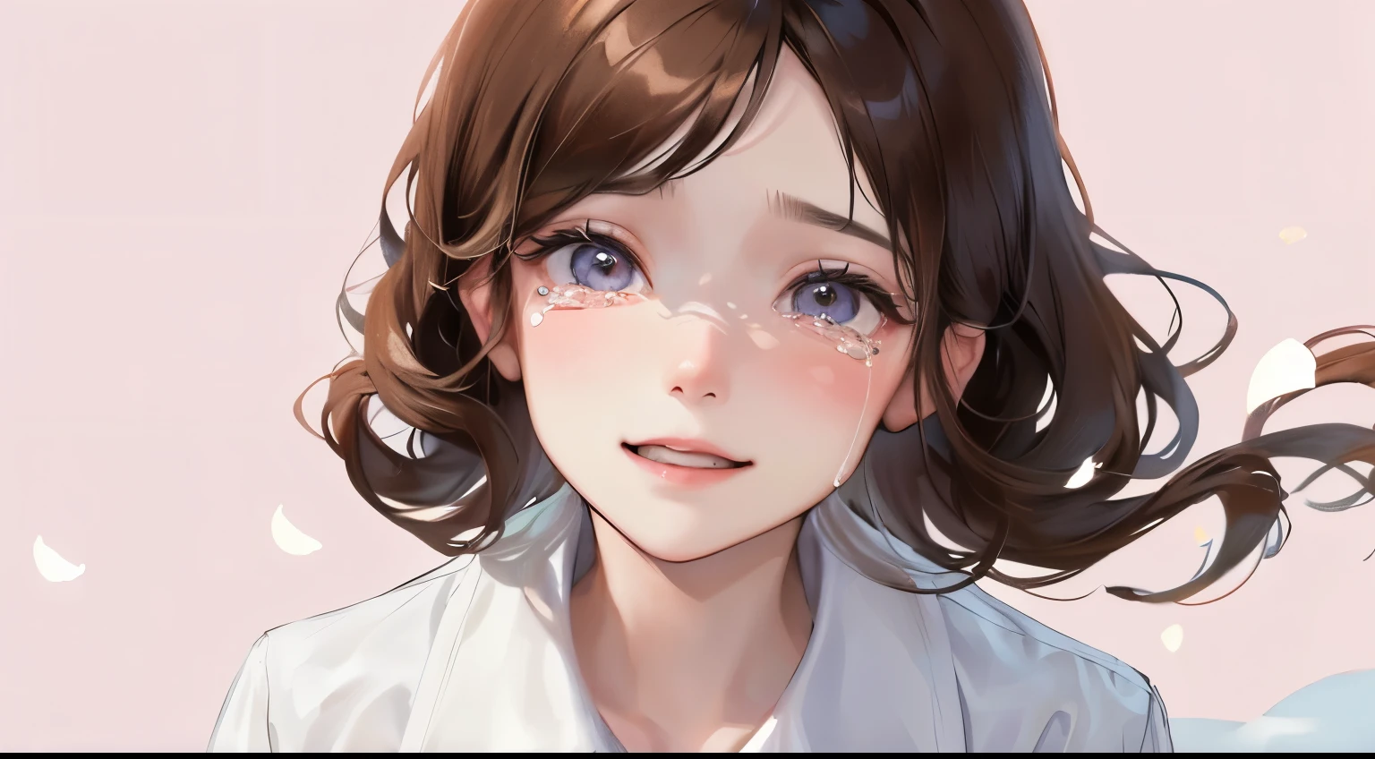 (((Looking up)))、(((View from above)))、((1 person)),Masterpiece,best quality, ((Smile and tears))), ,((White shirt))、((Pale pink background))、((White petals fluttering)),determined expression, Upper body diagram、 (Highest Resolution、Clear_image)、Best Quality、Light and shadow contrast、((illumination))、Very detailed、Semi-realistic、Semi-long hairstyle、Brown Hair、bangs、19 years old、　Lady,,young、((View from top))、Delicate Facial Features
