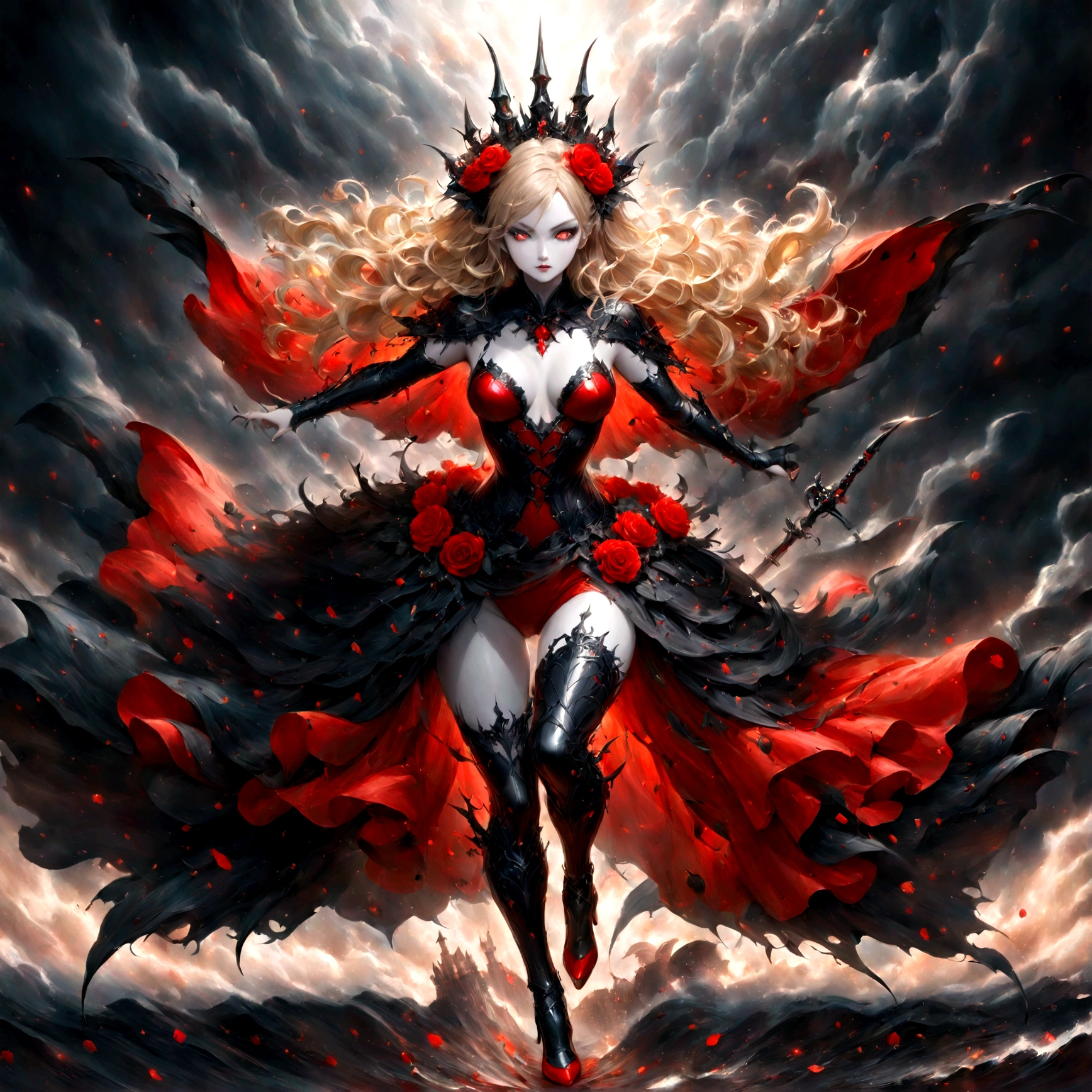 modisn disney, Arafed, action shot, Dark fantasy art, fantasy art, goth art, a picture of a female vampire, exquisite beauty, full body shot, dark glamour shot, pale white skin, blond hair, long hair, wavy hair, (glowing grey: 1.3) eyes, she wears a (red: 1.3) red thigh suit, ArmoredDress, she holds a sword in hand, (ready for battle: 1.4) , the roses are imprinted on the suit (black: 1.4) black roses, high heels, dark castle, dark, black and color, Dark Art Painting Style, flower dress, betmd