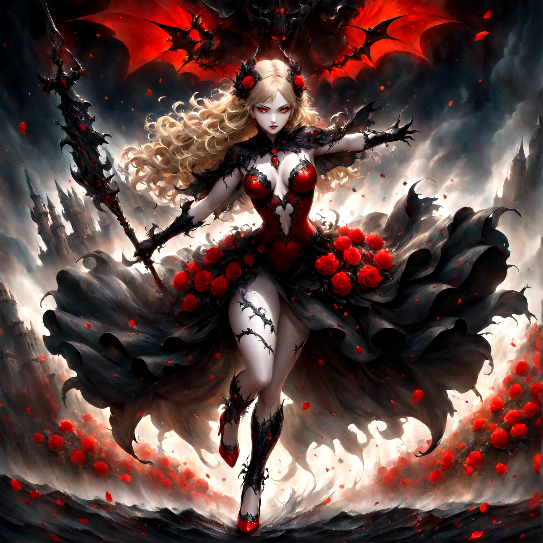modisn disney, Arafed, action shot, Dark fantasy art, fantasy art, goth art, a picture of a female vampire, exquisite beauty, full body shot, dark glamour shot, pale white skin, blond hair, long hair, wavy hair, (glowing grey: 1.3) eyes, she wears a (red: 1.3) red thigh suit, ArmoredDress, she holds a sword in hand, (ready for battle: 1.4) , the roses are imprinted on the suit (black: 1.4) black roses, high heels, dark castle, dark, black and color, Dark Art Painting Style, flower dress, betmd