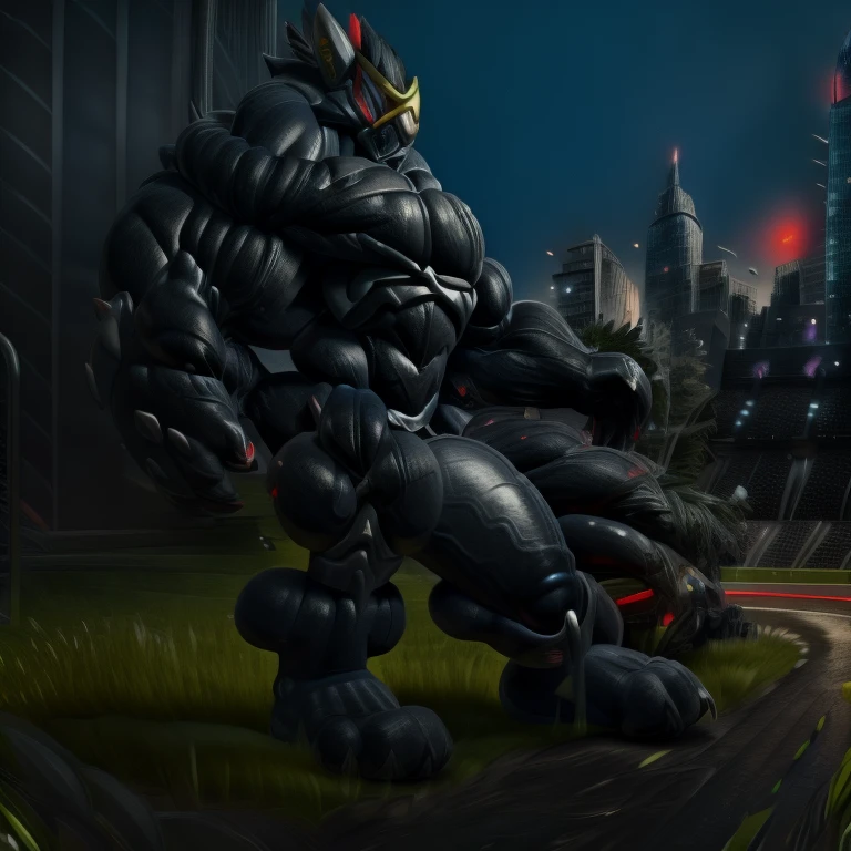 8K, cinderace, red eyes, (posing:1.3), (soft shading), detailed hands, ((detailed face, (detailed eyes:1.0), detailed)), 
soccer field, grass, MONSTER ball, stadium, (masterpiece, best quality, detailed:1.2) detailed full body, 8K, muscular! Commission for High Res, unusually developed muscular body, 
body full of huge muscles. pectorales enormes. 
Exaggeratedly huge muscles. 
Gigachad Muscular, 
Masterpiece, highres, wearing crNanosuit,crNanosuit, strong and imposing, Spread wings, It has wings. have big wings. in a night city, futuristic city, nj5furry, The claws are sharp, Sharp teeth, long legs, black wings, black visor, black ARMOR, nj5furry, hyper penis (black color), long legs, A man in stylish armor cinderace, giant titans.