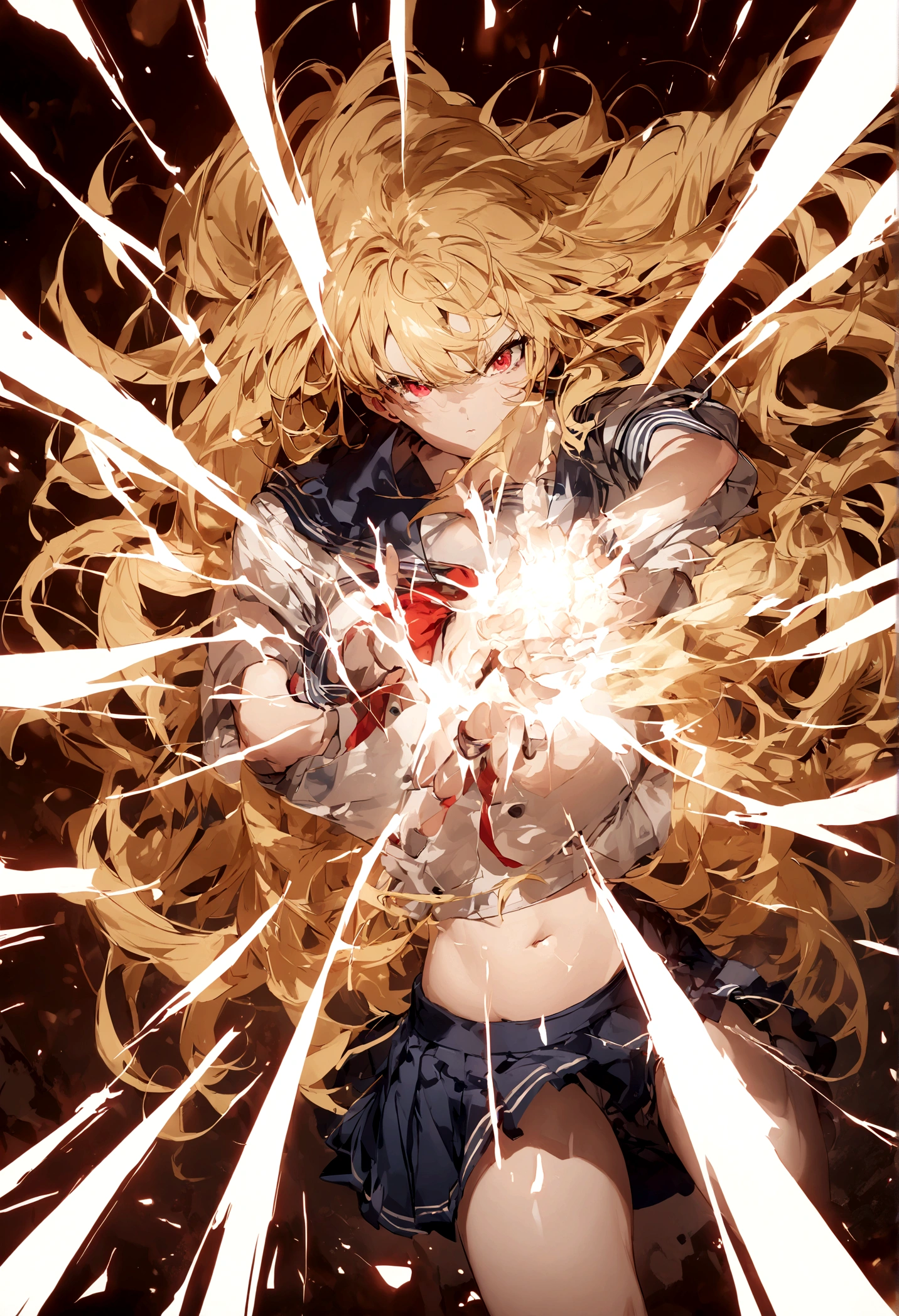 Blonde long hair high school girl、Red eyes、Sailor suit、Dragon Ball、Kamehameha