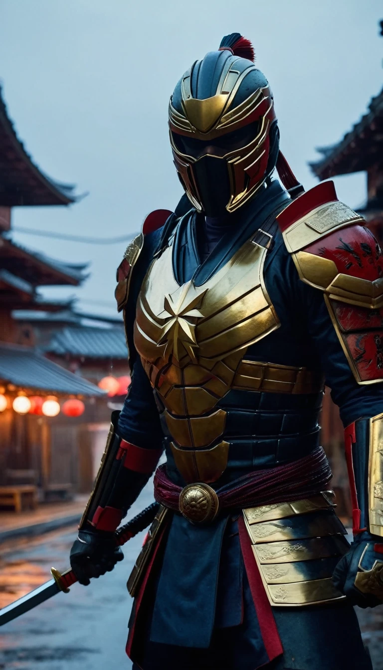 HD Portrait, 8K, a captain marvel transform to samurai, ((Kabuto)), Take a sword, in Ghost town, evening, Epic detailed, ultra sharp, intricate armor details, style, flash shot, ((horror scfi)), smog, rainy weather, dramatic lighting, The atmosphere looks real, Full body shot exposed, Front angle, Bokeh, Flash photography, cinematic, Hyper realistic, Professional