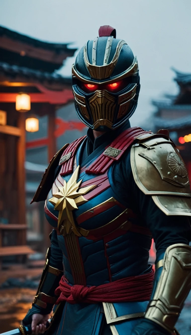 HD Portrait, 8K, a captain marvel transform to samurai, ((Kabuto)), Take a sword, in Ghost town, evening, Epic detailed, ultra sharp, intricate armor details, style, flash shot, ((horror scfi)), smog, rainy weather, dramatic lighting, The atmosphere looks real, Full body shot exposed, Front angle, Bokeh, Flash photography, cinematic, Hyper realistic, Professional