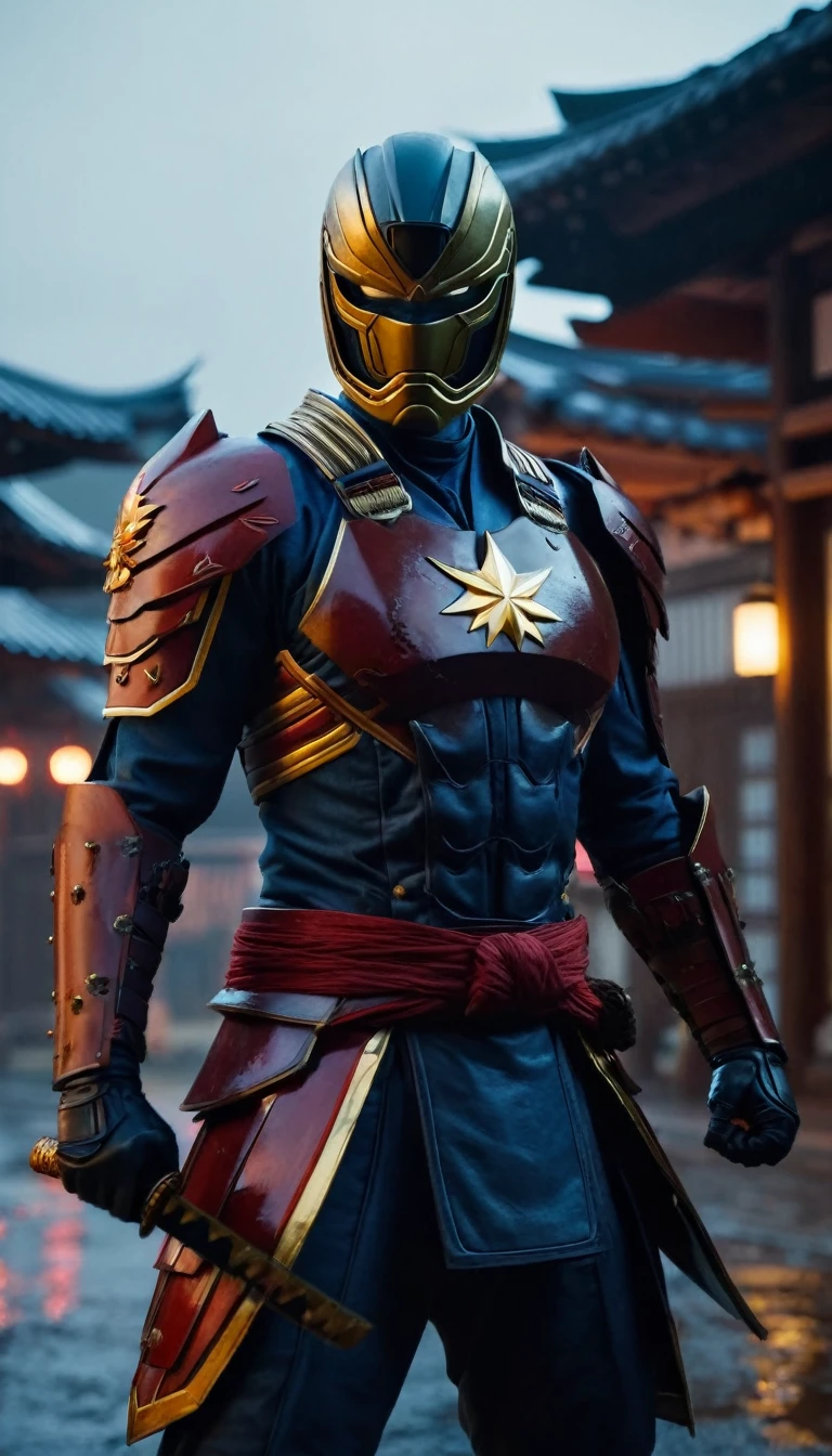 HD Portrait, 8K, a captain marvel transform to samurai, ((Kabuto)), Take a sword, in Ghost town, evening, Epic detailed, ultra sharp, intricate armor details, style, flash shot, ((horror scfi)), smog, rainy weather, dramatic lighting, The atmosphere looks real, Full body shot exposed, Front angle, Bokeh, Flash photography, cinematic, Hyper realistic, Professional