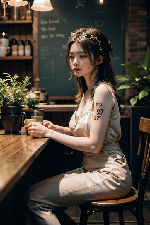 ((Benevolent voluptuous ((Lao Tian)) 18 yo barista)) sitting at wooden table while intensity reading book,(no clothes), (nude:1), wearing floral headpiece, (tattoos on arms and legs), wearing smartwatch, high quality photo, sitting in the middle of the quiet (goth themed cafe with copious potted cannabis sativa plants) during golden hour, French press coffee on table, (perfect body), (perfect hand), (perfect finger)