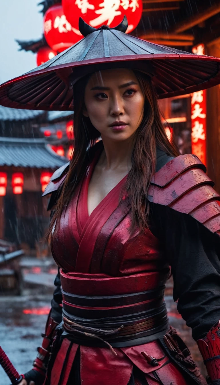 HD Portrait, 8K, a scarlet witch transform to samurai, ((Kabuto)), Take a sword, in Ghost town, evening, Epic detailed, ultra sharp, intricate armor details, style, flash shot, ((horror scfi)), smog, rainy weather, dramatic lighting, The atmosphere looks real, Full body shot exposed, Front angle, Bokeh, Flash photography, cinematic, Hyper realistic, Professional