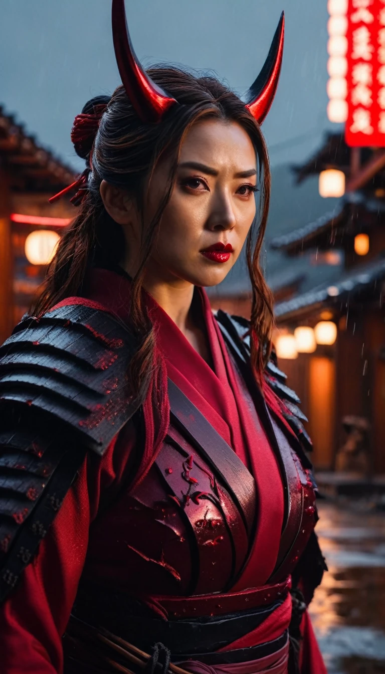 HD Portrait, 8K, a scarlet witch transform to samurai, ((Kabuto)), Take a sword, in Ghost town, evening, Epic detailed, ultra sharp, intricate armor details, style, flash shot, ((horror scfi)), smog, rainy weather, dramatic lighting, The atmosphere looks real, Full body shot exposed, Front angle, Bokeh, Flash photography, cinematic, Hyper realistic, Professional