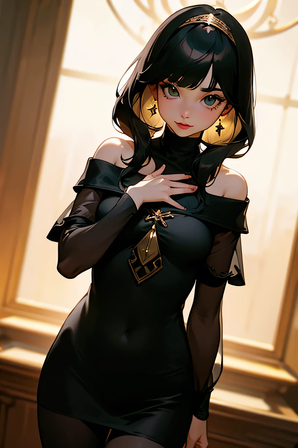 masterpiece, top quality, super detailed, high resolution, (realistic, photorealistic:1.37), excellent anatomy, 1 beautiful woman, (perky chest:1.2), (pointed chest:1.2), (((black tunic:1.3))), cute and beautiful girl, cute round face, cute smile, red lip, solo, looking at viewer, black hair, dark green eyes, bare shoulders, jewelry, collarbone, sidelocks, hairband, earrings, indoors, plant, gold hairband, off-shoulder dress, sweater dress, off-shoulder sweater, black sweater, big side hair, very long side hair, (exquisite depth of field), (bangs are see-through bangs), detailed clothes features, detailed hair features, detailed facial features, (dynamic angles), (dynamic and sexy poses), cinematic light, (image mode ultra HD), delicate beautiful face, cute eyes, sparkling eyes, big eyes, ((cowboy shot:1.2)), best light, best shadow, mysterious, perfect face, highly detailed,