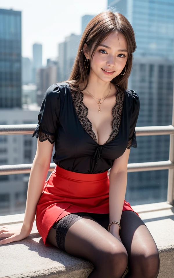 8k, masterpiece, RAW Photos, highest quality, Realistic, Highly detailed CG Unity 8k wallpaper, Depth of written boundary, Cinematic Light, Lens flare, Ray Tracing, (Very beautiful face, Beautiful Lips, Beautiful Eyes), Exquisitely detailed face, ((Highly detailed skin)) One girl, In the Dark, Deep Shadow, Cute japanese Girl, Idol, 1 girl,kawaii, (Very slim slender fit-muscled body:1.3), ((View Viewer)),(Big smile:1.3), (Tight lace blouse), ((Black and red blouse)), (Lace-up short sleeves) , (City Night, Dark Night, (Blurred Background), Dim lighting, Cityscape, rooftop, Beautiful earrings, bracelet, necklace, pantyhose, Clear Eyes, (Pale skin), (Big eyes), Look forward, ((Upper Body Shot)), ((Silk red skirt)),(Brown Hair),((Tight-fitting skirt )), (View Viewer:1.3), Open chest,cleavage, (Very slim), Medium breasts, (Lace Stockings ),((Gorgeous lace blouse )), Sitting,a black triangle in the skirt, (High heels)
