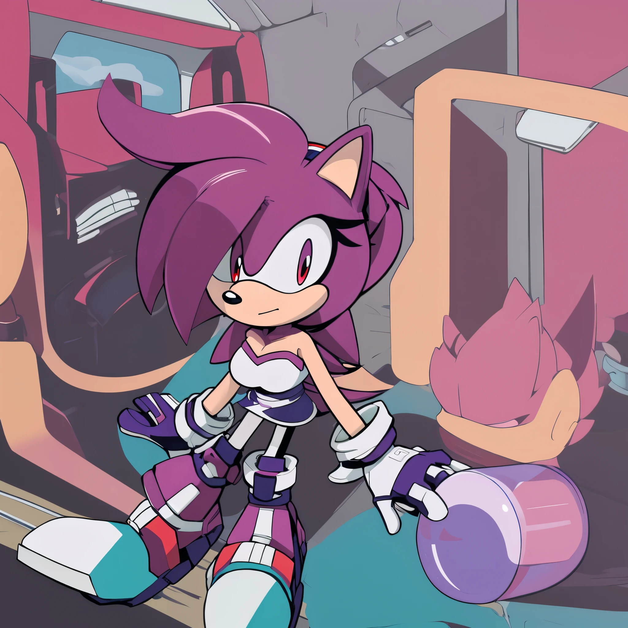 score_9, score_8_up, 2D, flat color, looking at viewer, (1girl), (solo), very detailed, extremely detailed, female, mobian, hedgehog, possible daughter of Amy and Shadow, Maria Rose from the sonic the hedgehog series, portrait, sound lines, makeup, light on the lipstick, quills curved up, red stripes, 3 large hair bangs, side locks, hair over shoulders, medium breasts, pink fur, red eyes, pinkish tan muzzle and inner ears, fluffy white chest fur, red patches of fur around eyes, strapless white short jumpsuit with purple stripes on the side, purple tube top, long gloves, purple rocket boots with a white stripe down the middle, purple soles, stoic expression