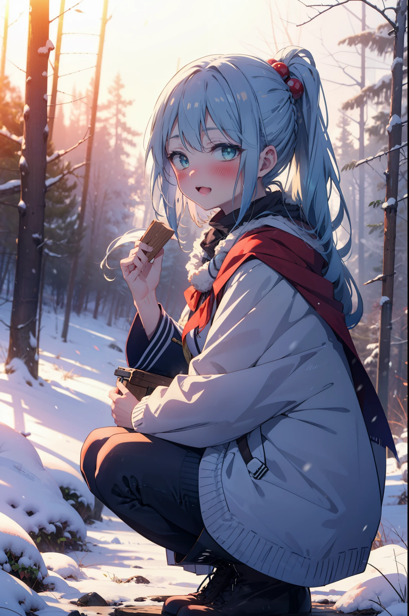 konosubaAqua, Aqua, Long Hair, blue eyes, hair ornaments, very Long Hair, Blue Hair, Hair Ring, シングルHair Ring, Hair ties,smile,smile,blush,White Breath,
Open your mouth,snow,Ground bonfire, Outdoor, boots, snowing, From the side, wood, suitcase, Cape, Blurred, , forest, White handbag, nature,  Squat, Mouth closed, Cape, winter, Written boundary depth, Black shoes, red Cape break looking at viewer, Upper Body, whole body, break Outdoor, forest, nature, break (masterpiece:1.2), highest quality, High resolution, unity 8k wallpaper, (shape:0.8), (Beautiful and beautiful eyes:1.6), Highly detailed face, Perfect lighting, Highly detailed CG, (Perfect hands, Perfect Anatomy),