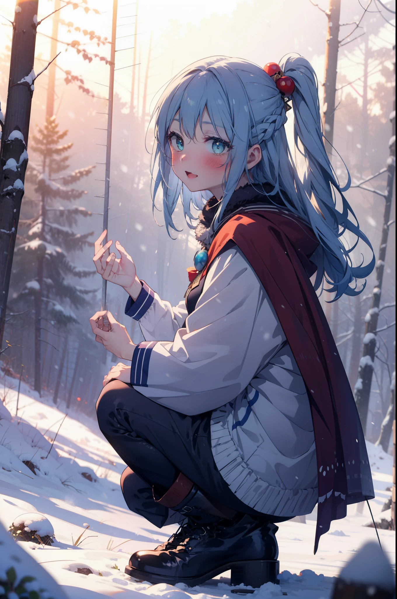 konosubaAqua, Aqua, Long Hair, blue eyes, hair ornaments, very Long Hair, Blue Hair, Hair Ring, シングルHair Ring, Hair ties,smile,smile,blush,White Breath,
Open your mouth,snow,Ground bonfire, Outdoor, boots, snowing, From the side, wood, suitcase, Cape, Blurred, , forest, White handbag, nature,  Squat, Mouth closed, Cape, winter, Written boundary depth, Black shoes, red Cape break looking at viewer, Upper Body, whole body, break Outdoor, forest, nature, break (masterpiece:1.2), highest quality, High resolution, unity 8k wallpaper, (shape:0.8), (Beautiful and beautiful eyes:1.6), Highly detailed face, Perfect lighting, Highly detailed CG, (Perfect hands, Perfect Anatomy),