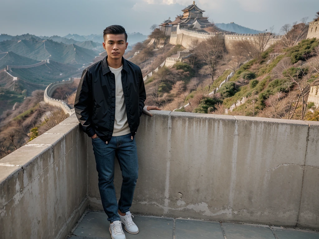 Indonesian male, 23 years old, square face, side parted hairstyle, very neat, wearing a coach jacket, cream color, black jeans, black sneakers, looking at the camera, Great Wall of China background, busy atmosphere, morning view, full HD resolution, very real, very detailed