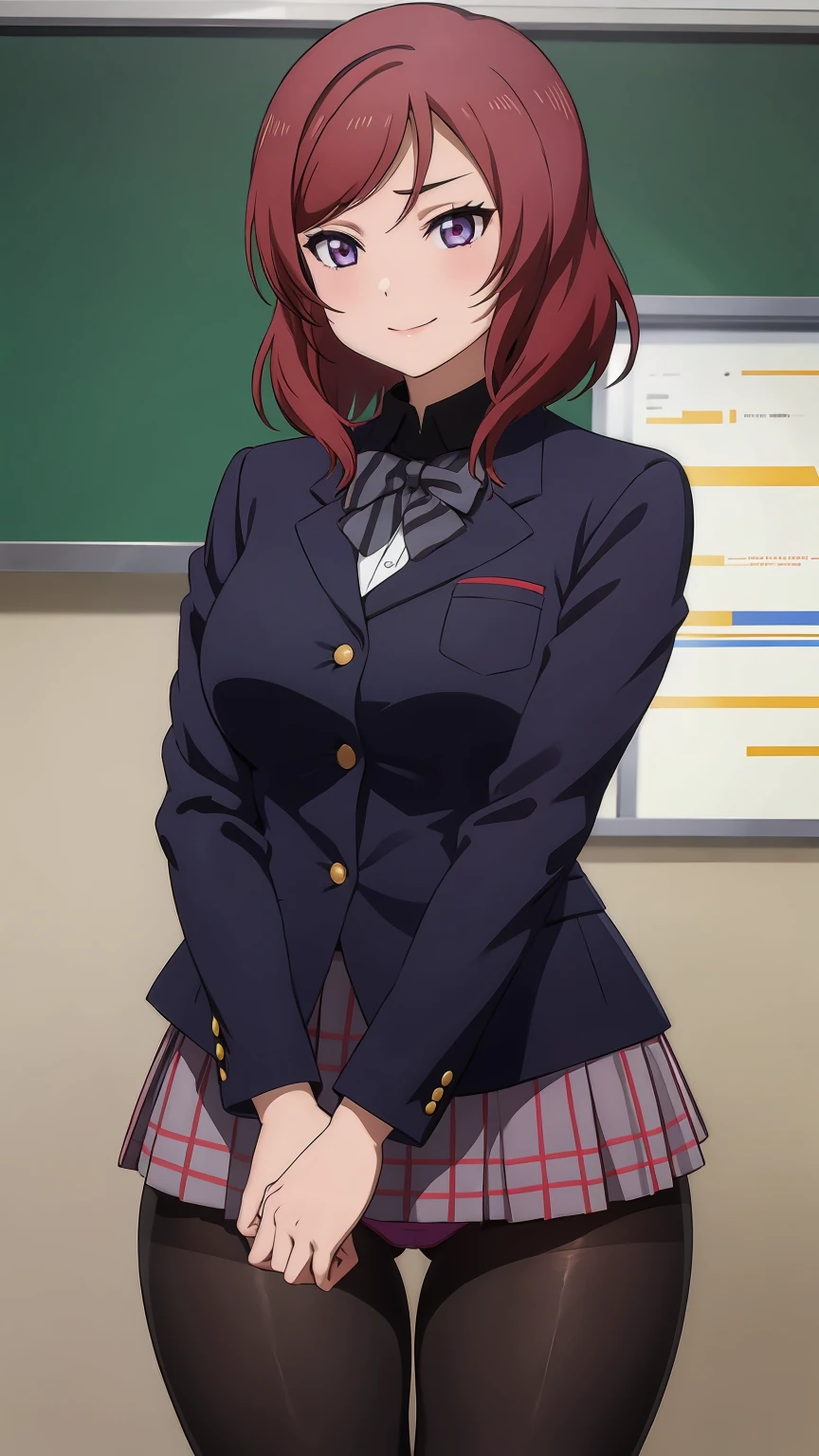 Maki Nishikino、One Girl, Five Fingers, mini skirt, Looking down at the viewer, highest quality, Focus on the thighs, Dynamic pose, smile, blazer, blouse, Black Pantyhose, panties under pantyhose, Standing Split, classroom, Black Hair, Stylish pose,Thick thighs、My crotch is steaming 、Spread your legs