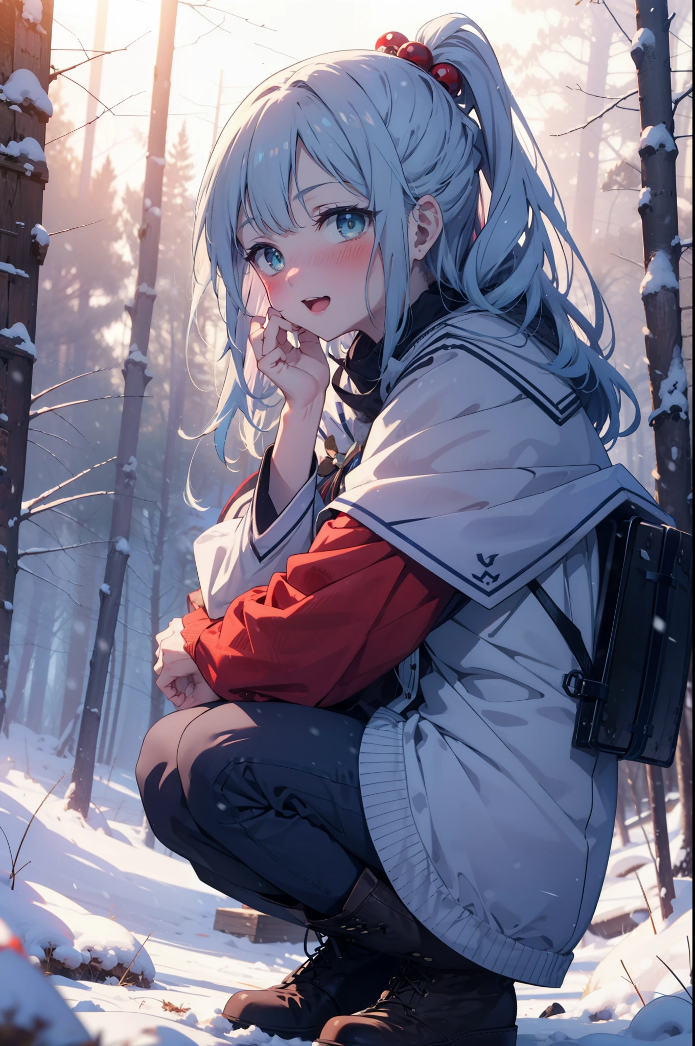 konosubaAqua, Aqua, Long Hair, blue eyes, hair ornaments, very Long Hair, Blue Hair, Hair Ring, シングルHair Ring, Hair ties,smile,smile,blush,White Breath,
Open your mouth,snow,Ground bonfire, Outdoor, boots, snowing, From the side, wood, suitcase, Cape, Blurred, , forest, White handbag, nature,  Squat, Mouth closed, Cape, winter, Written boundary depth, Black shoes, red Cape break looking at viewer, Upper Body, whole body, break Outdoor, forest, nature, break (masterpiece:1.2), highest quality, High resolution, unity 8k wallpaper, (shape:0.8), (Beautiful and beautiful eyes:1.6), Highly detailed face, Perfect lighting, Highly detailed CG, (Perfect hands, Perfect Anatomy),