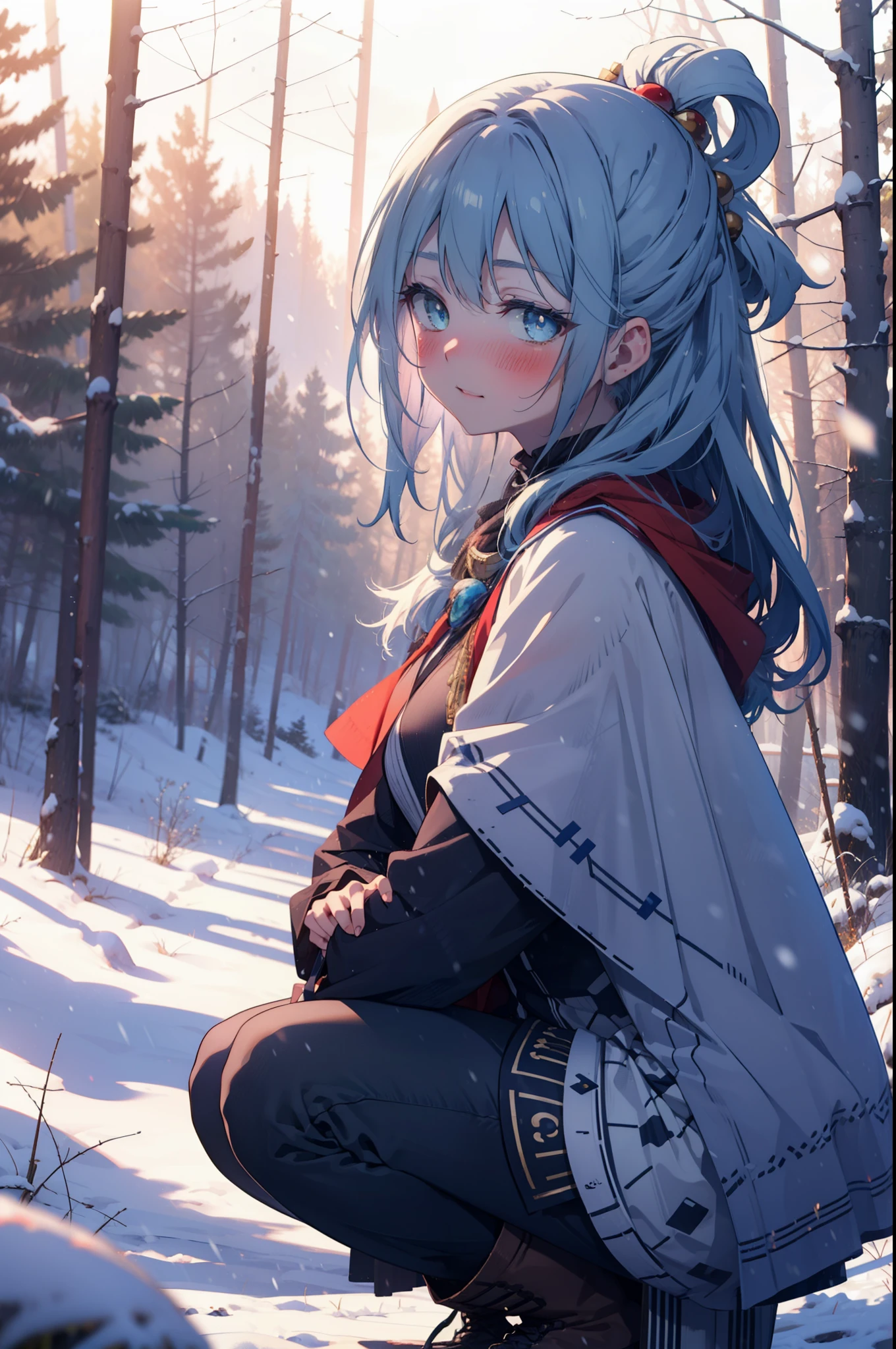 konosubaAqua, Aqua, Long Hair, blue eyes, hair ornaments, very Long Hair, Blue Hair, Hair Ring, シングルHair Ring, Hair ties,smile,smile,blush,White Breath,
Open your mouth,snow,Ground bonfire, Outdoor, boots, snowing, From the side, wood, suitcase, Cape, Blurred, , forest, White handbag, nature,  Squat, Mouth closed, Cape, winter, Written boundary depth, Black shoes, red Cape break looking at viewer, Upper Body, whole body, break Outdoor, forest, nature, break (masterpiece:1.2), highest quality, High resolution, unity 8k wallpaper, (shape:0.8), (Beautiful and beautiful eyes:1.6), Highly detailed face, Perfect lighting, Highly detailed CG, (Perfect hands, Perfect Anatomy),