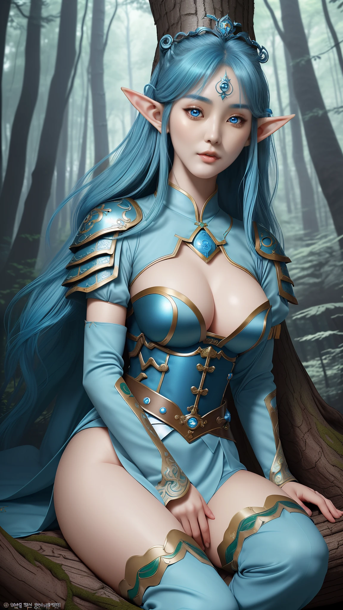 Korean, beautiful woman, elf, beautiful eyes, blue hair, sitting on a tree, bottom view, forest background, very detailed, high quality, 8k, very detailed, perfect face, perfect body, princess and warrior clothes.