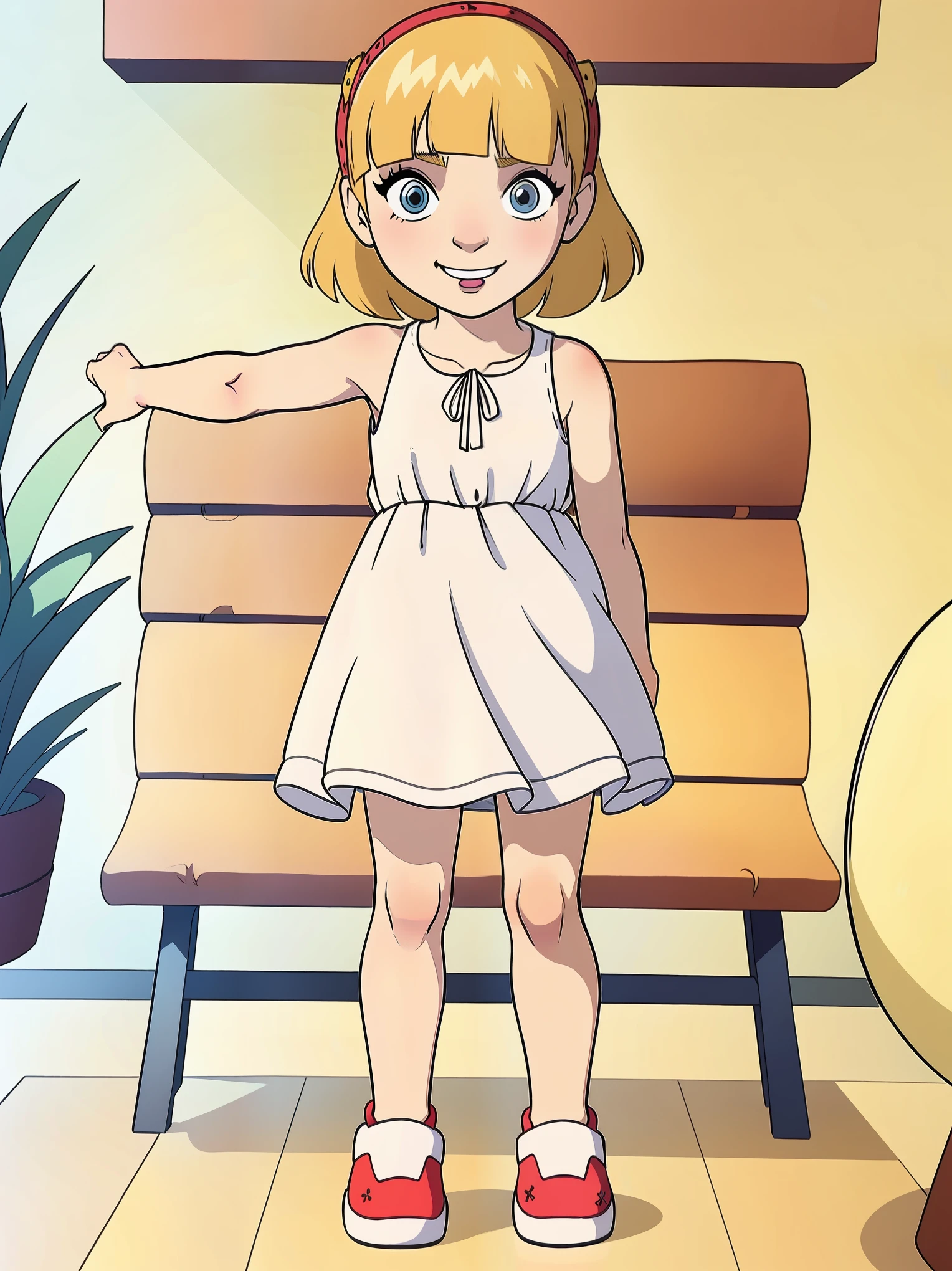 W.I.T.C.H., Lillian Hale, _childale_child, petody,short, short hair, blond hair, blue eyes,full body view, white sundress, without sleeves, standing, happy face, by bench, in summer park,