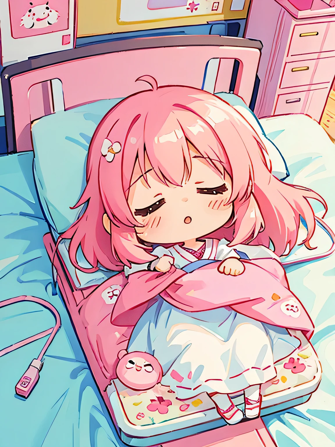 Momoko Sakura style, Kawaii Design, The most beautiful girl of all time、Chibi, Taking a nap、hospital bed