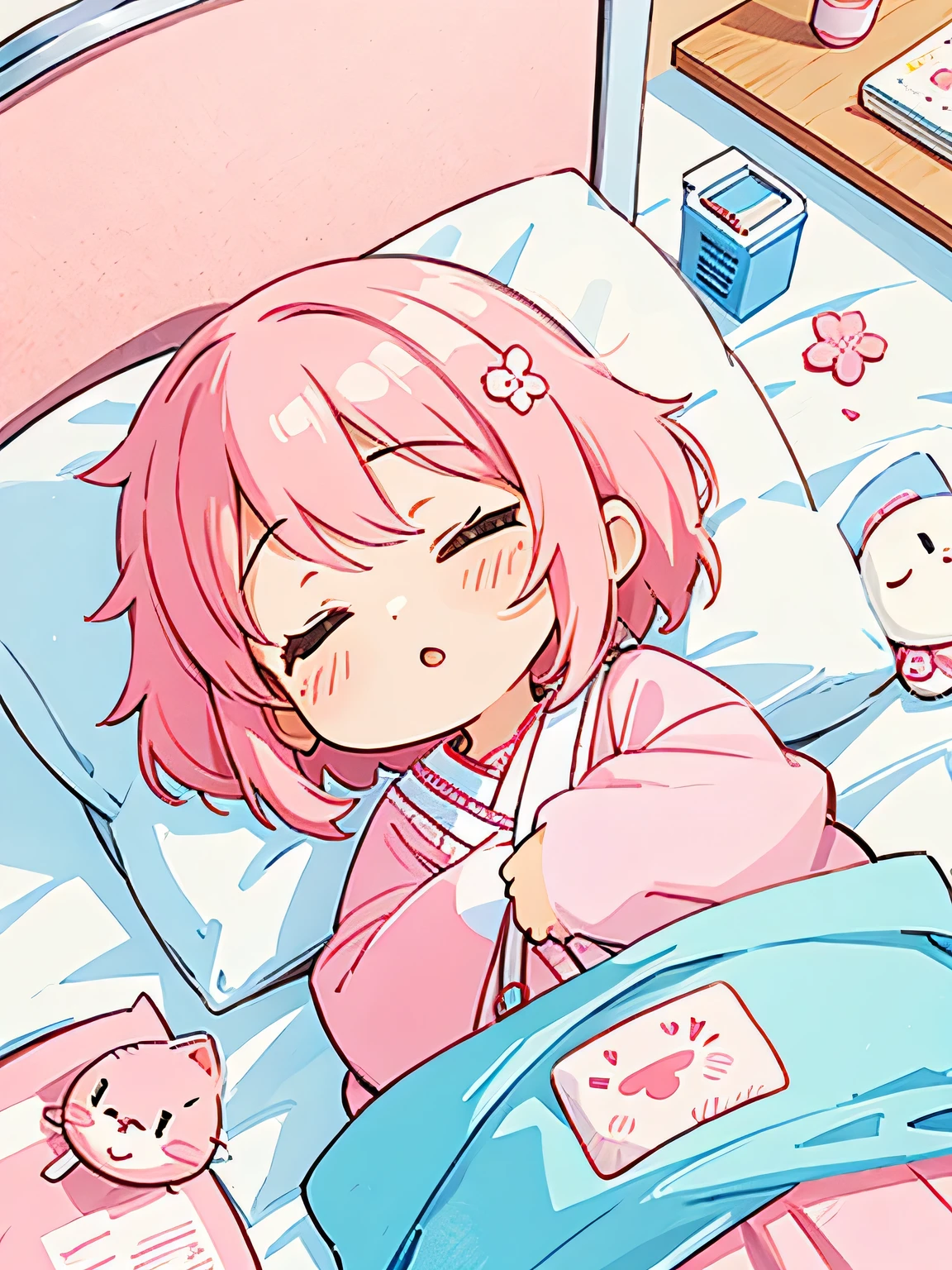 Momoko Sakura style, Kawaii Design, The most beautiful girl of all time、Chibi, Taking a nap、hospital bed