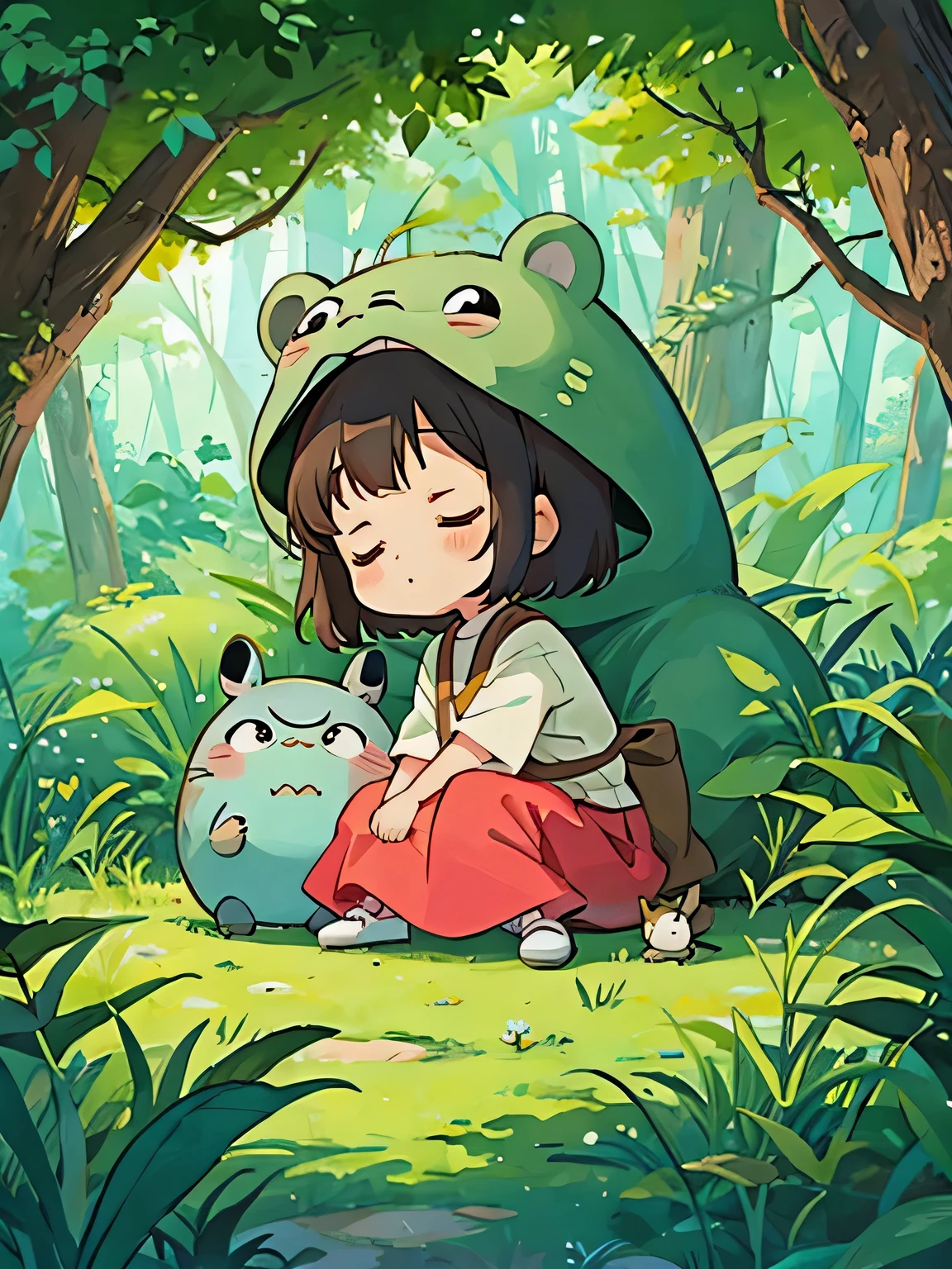hayao miyazaki style, Kawaii Design, The most beautiful girl of all time、Chibi, Taking a nap、Totoro Forest