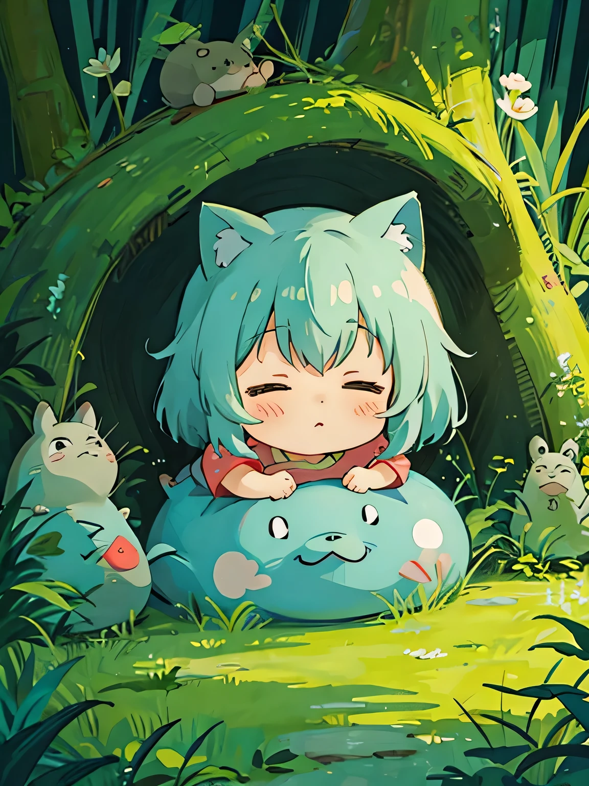 hayao miyazaki style, Kawaii Design, The most beautiful girl of all time、Chibi, Taking a nap、Totoro Forest