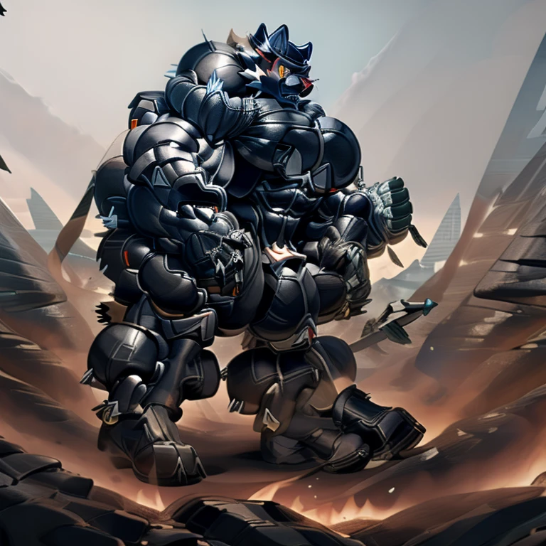 Incineroar, (gigantic muscles), 8K, Masterpiece, highres, future fiction. Detailed head, Detailed Body, full body, Detailed abs, wearing crNanosuit, big muscle (pecs, triceps, traps) unusually developed muscular body, body full of huge muscles. showing off muscles, pectorales enormes. Exaggeratedly huge muscles. Gigachad Muscular, gigantic muscles, Colossal giant NANOSUIT over a battlefield,
nj5furry, The claws are sharp, Sharp teeth, long legs, black wings, black visor, black nanosuit, nj5furry, hyper penis (black color), long legs, A man in stylish nanosuit, giant titans