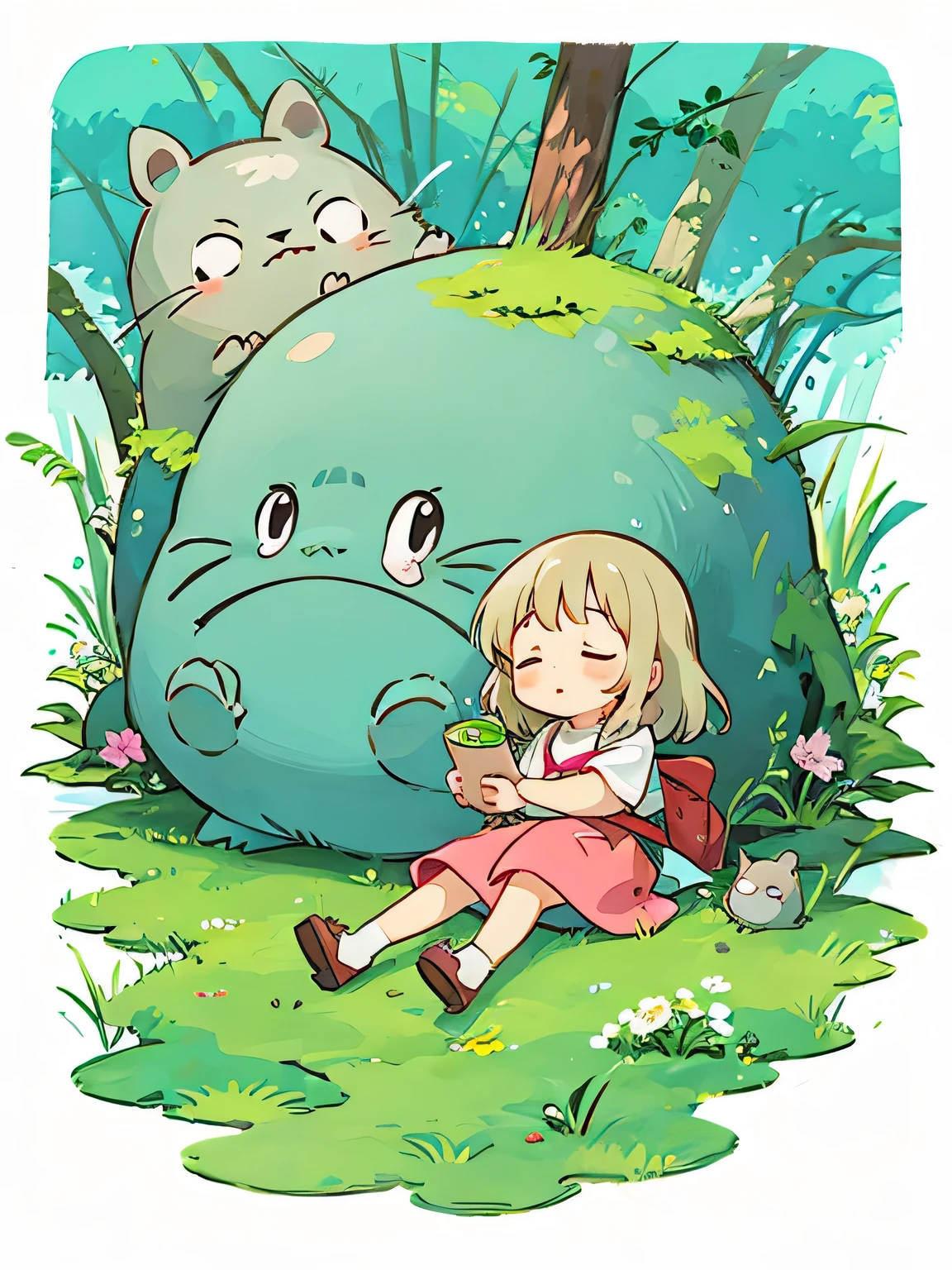 hayao miyazaki style, Kawaii Design, The most beautiful girl of all time、Chibi, Taking a nap、Totoro Forest