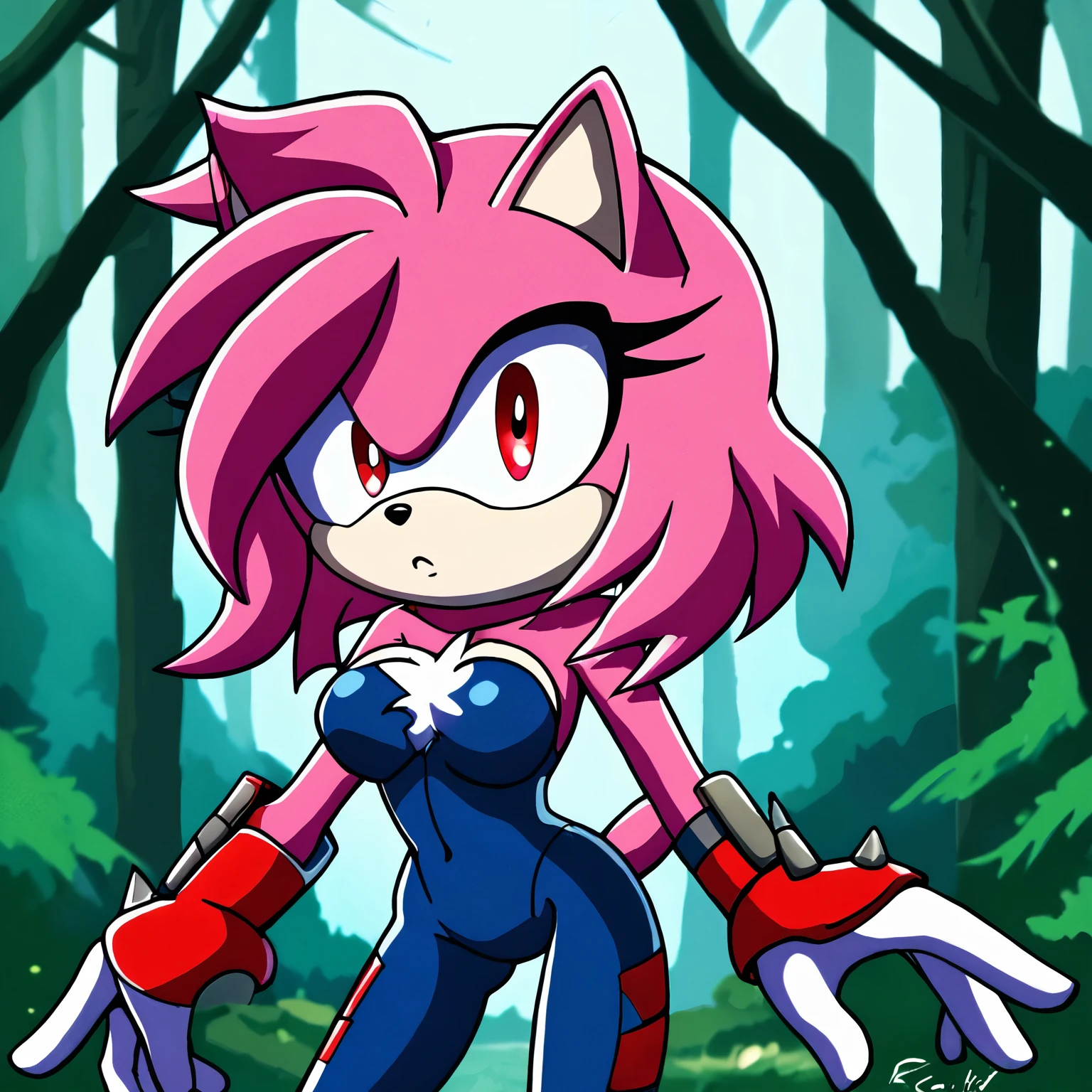 Female Hedgehog, Maria Rose, daughter of Amy and Shadow, (1girl), (solo), quills curved up similar to Shadow, side locks, hair over shoulders, red stripes, body, red patches of fur around eyes, red eyes, 3 large hair bangs, fluffy white chest fur, medium breasts, eyelashes, blank expression, forest, daytime, mobian, mobius city, short strapless jump suit
