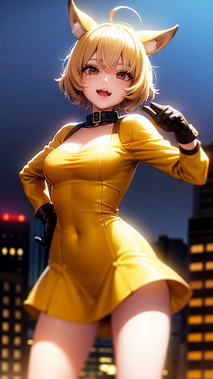 20th century fox television 2007, blonde hair, brown eyes, short products hair, mole, fang, crossed bangs, fox tail, fox ears, brown highlight, yellow dress, brown gloves, holding, searchlight beam, cityscape, hollywood, sky, cloud, anime waifu style