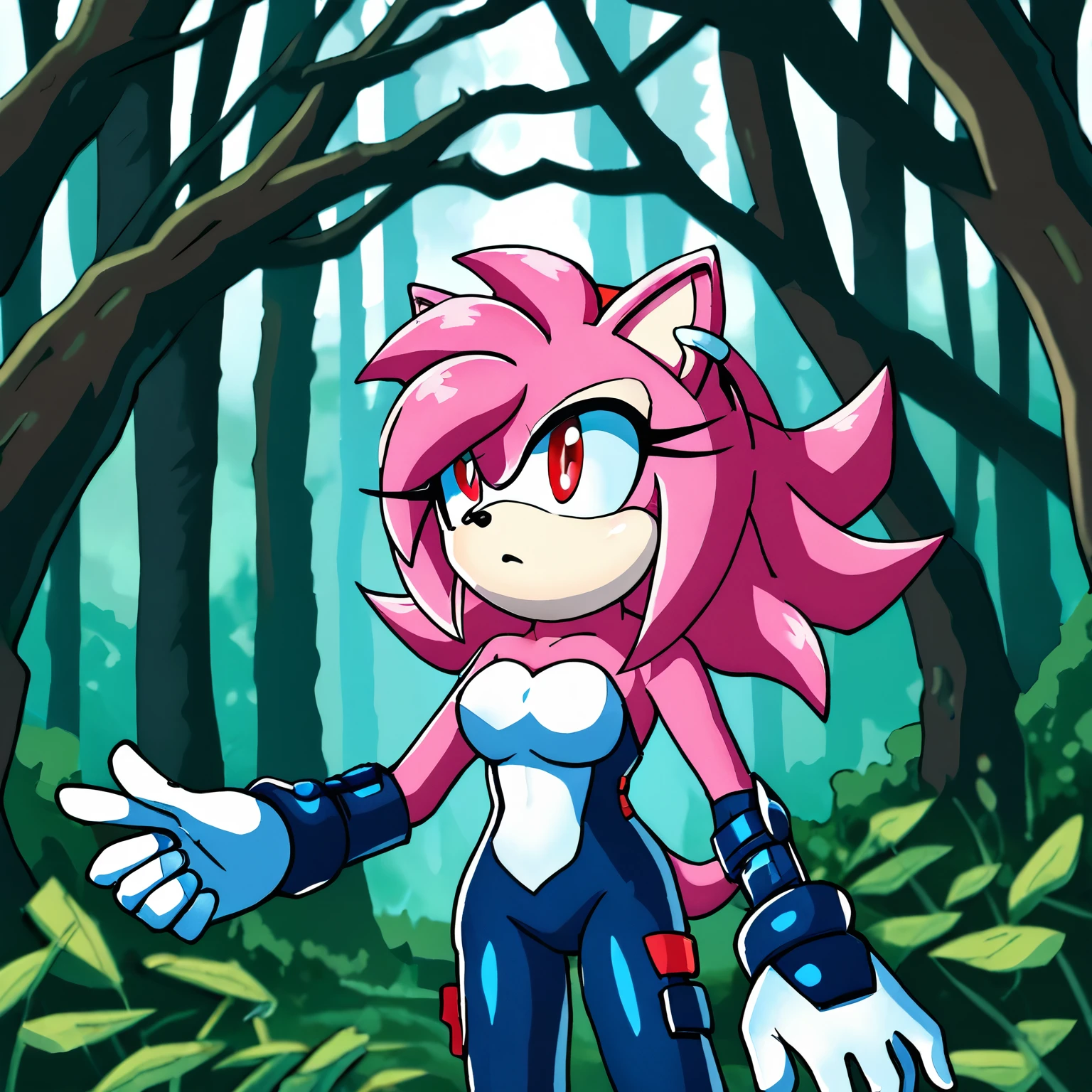 Female Hedgehog, Maria Rose, daughter of Amy and Shadow, (1girl), (solo), quills curved up similar to her father Shadow, side locks, red stripes on quills, body, red patches of fur around eyes, red eyes, 3 large hair bangs, white chest fur, medium breasts, eyelashes, stoic expression, forest, daytime, mobian, mobius city, short strapless jump suit
