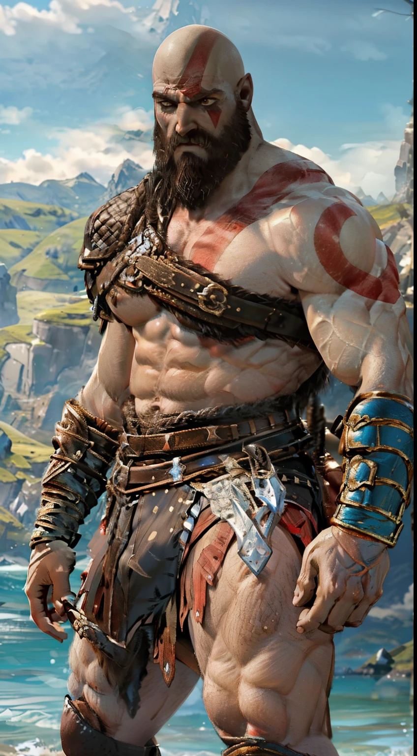 (masterpiece, best quality, detailed:1.2), kratosGOW_soul3142, stern face, wearing a white thong, underwear showing, nicebulge, mountain, seascape, clouds, 1boy, scar, beard, realistic, bald, armor, Leviathan Axe, upper body shot