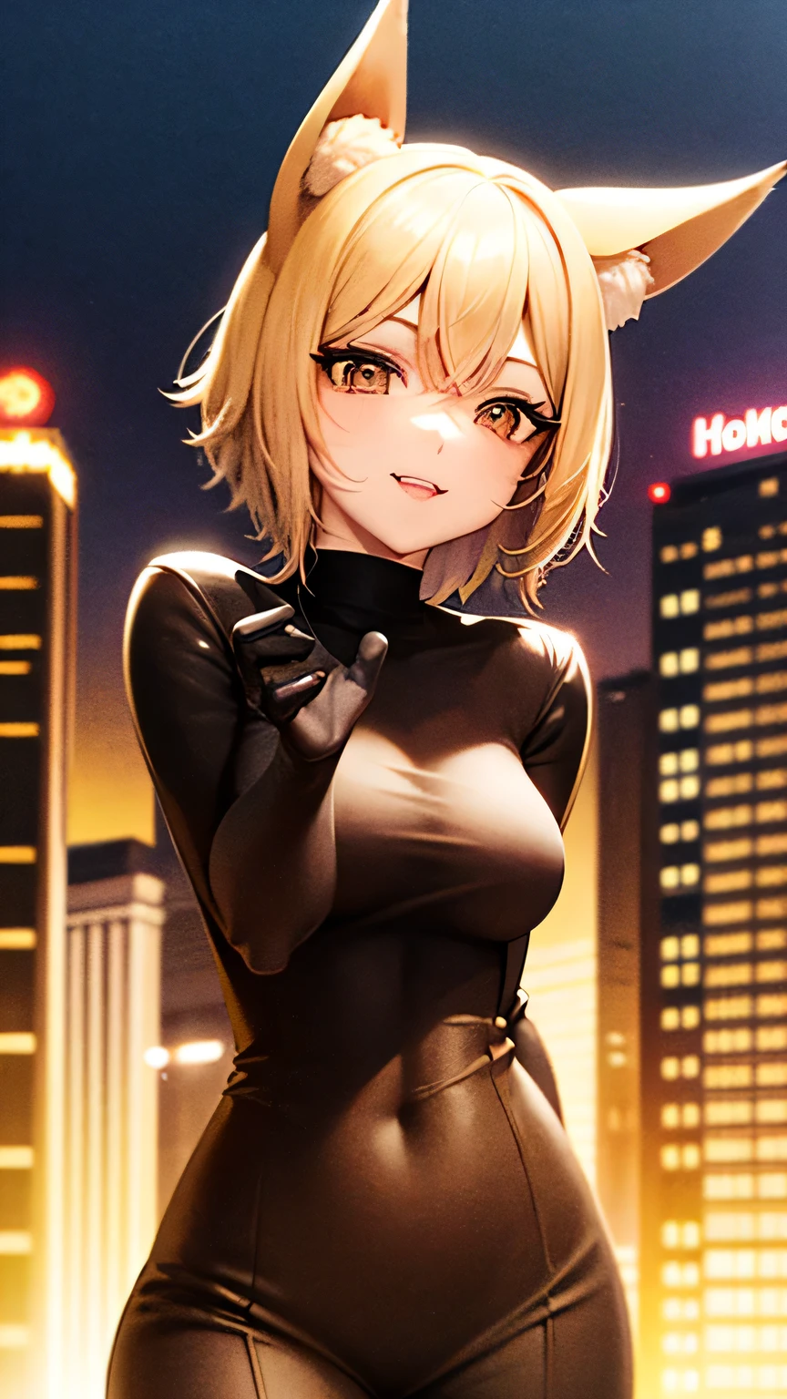 20th century fox television 2007, blonde hair, brown eyes, short products hair, mole, fang, crossed bangs, fox tail, fox ears, brown highlight, yellow dress, brown gloves, holding, searchlight beam, cityscape, hollywood, sky, cloud, anime waifu style