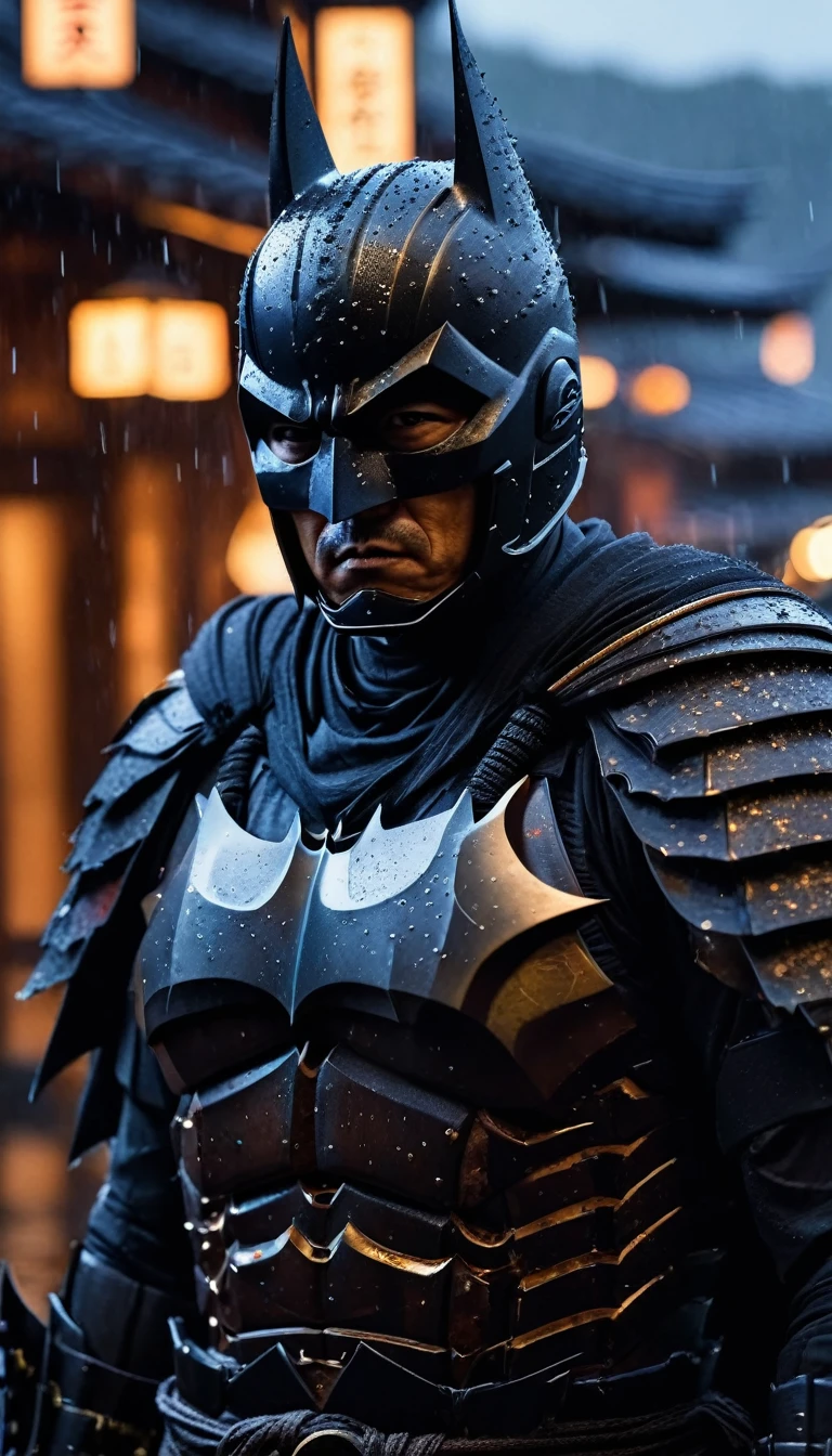 HD Portrait, 8K, a batman transform to samurai, ((Kabuto)), Take a sword, in Ghost town, evening, Epic detailed, ultra sharp, intricate armor details, style, flash shot, ((horror scfi)), smog, rainy weather, dramatic lighting, The atmosphere looks real, Full body shot exposed, Front angle, Bokeh, Flash photography, cinematic, Hyper realistic, Professional