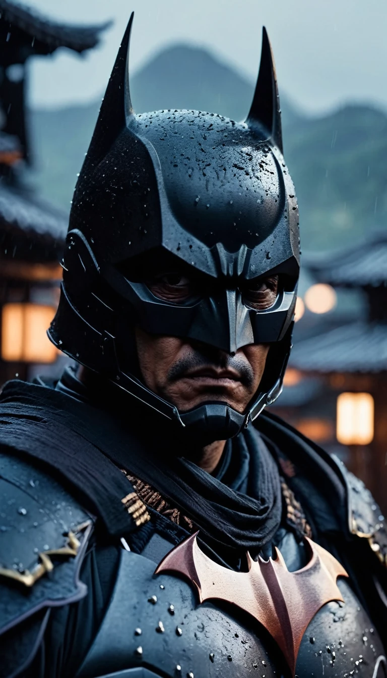 HD Portrait, 8K, a batman transform to samurai, ((Kabuto)), Take a sword, in Ghost town, evening, Epic detailed, ultra sharp, intricate armor details, style, flash shot, ((horror scfi)), smog, rainy weather, dramatic lighting, The atmosphere looks real, Full body shot exposed, Front angle, Bokeh, Flash photography, cinematic, Hyper realistic, Professional