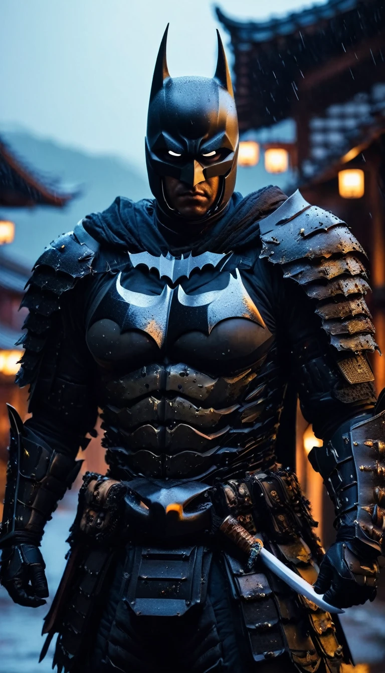 HD Portrait, 8K, a batman transform to samurai, ((Kabuto)), Take a sword, in Ghost town, evening, Epic detailed, ultra sharp, intricate armor details, style, flash shot, ((horror scfi)), smog, rainy weather, dramatic lighting, The atmosphere looks real, Full body shot exposed, Front angle, Bokeh, Flash photography, cinematic, Hyper realistic, Professional