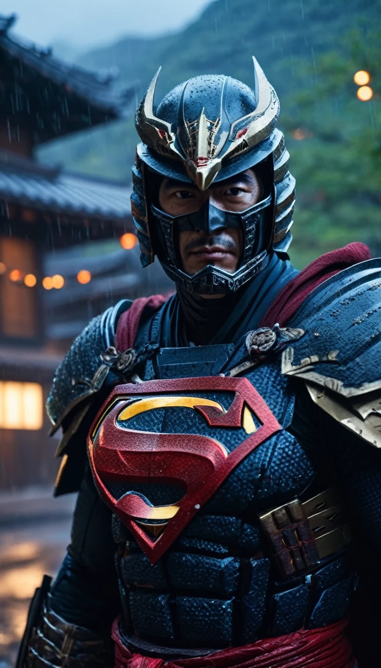 HD Portrait, 8K, a superman transform to samurai, ((Kabuto)), Take a sword, in Ghost town, evening, Epic detailed, ultra sharp, intricate armor details, style, flash shot, ((horror scfi)), smog, rainy weather, dramatic lighting, The atmosphere looks real, Full body shot exposed, Front angle, Bokeh, Flash photography, cinematic, Hyper realistic, Professional