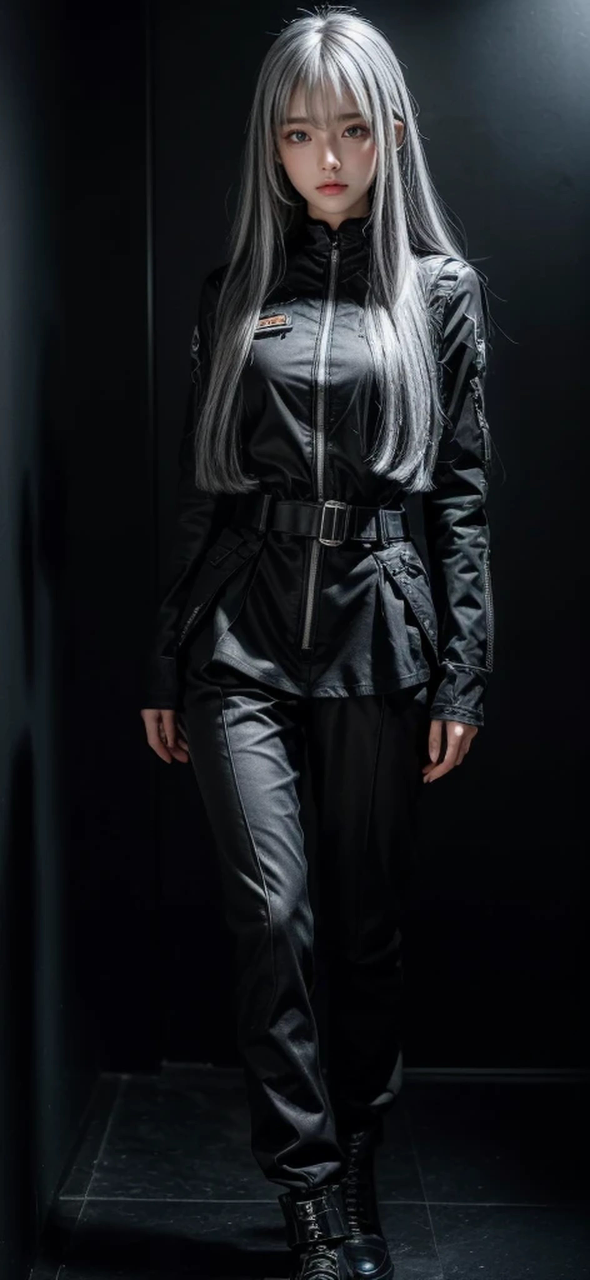 waist belt,Military Uniforms,pants,black military uniform,whole body,Height: 168cm,almond shape eyes,{{{{{silver eyes}}}}},{{{{{dull bangs}}}}},(slanted eyes},{{whole body},{{{1 girl}}}, long hair, straight hair,{{{{silver hair}}}},{{{tsurime}}},30 years old,{Medium chest},{{bush}},silver eyes,{{{masterpiece}}}, {{{highest quality}}}, {{Super detailed}}, {shape}, {{very delicate and beautiful}},very detailed,detailed perfect,detailed hyper,Abundant thighs,big ass,black clothes