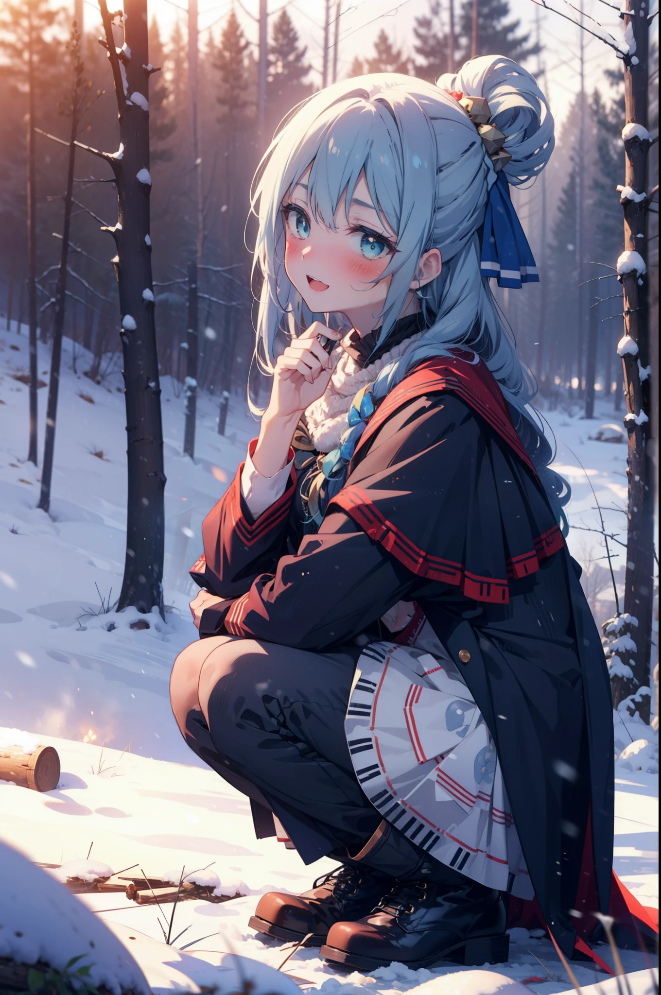 konosubaAqua, Aqua, Long Hair, blue eyes, hair ornaments, very Long Hair, Blue Hair, Hair Ring, シングルHair Ring, Hair ties,smile,smile,blush,White Breath,
Open your mouth,snow,Ground bonfire, Outdoor, boots, snowing, From the side, wood, suitcase, Cape, Blurred, , forest, White handbag, nature,  Squat, Mouth closed, Cape, winter, Written boundary depth, Black shoes, red Cape break looking at viewer, Upper Body, whole body, break Outdoor, forest, nature, break (masterpiece:1.2), highest quality, High resolution, unity 8k wallpaper, (shape:0.8), (Beautiful and beautiful eyes:1.6), Highly detailed face, Perfect lighting, Highly detailed CG, (Perfect hands, Perfect Anatomy),