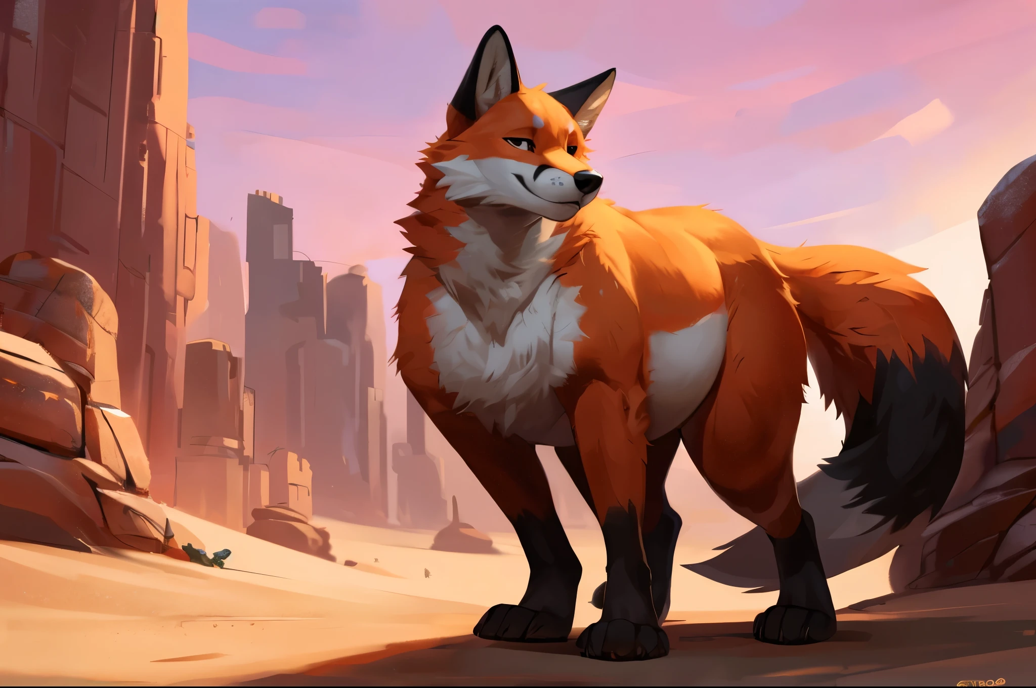 4k ultra quality, 4k full body view,(ultra high detailed body),((feral)) fox,by mystikfox61, by glitter trap boy,feral paws, by bebebebebe,by morethreedee, by seibear,(thick thigh),(chubby thigh),thicc thigh,thick legs,chubby legs,thicc legs,massive butt,enomorous thigh,massive thigh,massive legs,thick lower legs,wide legs,(detailed thigh),(wide thigh),fluffy belly sharp nails,((sfw)),(ultra detailed face),detailed eyes,big tail,fluffy tail,(detailed tail),enomorous tail,bigger tail,huge tail,volumetric light,big paws,(thick paws),fluffy paws,furry paws,enomorous paws,(feral focus), beast,(bigger lower body),(long legs),master works, super fine, 4k resolution, high quality,high picture detail,dark fantasy,illusory engine, Masterpiece,front view,dire fox,faint lighting,macro (feral) body,enomorous belly,chubby (feral) body,pink sky,in desert